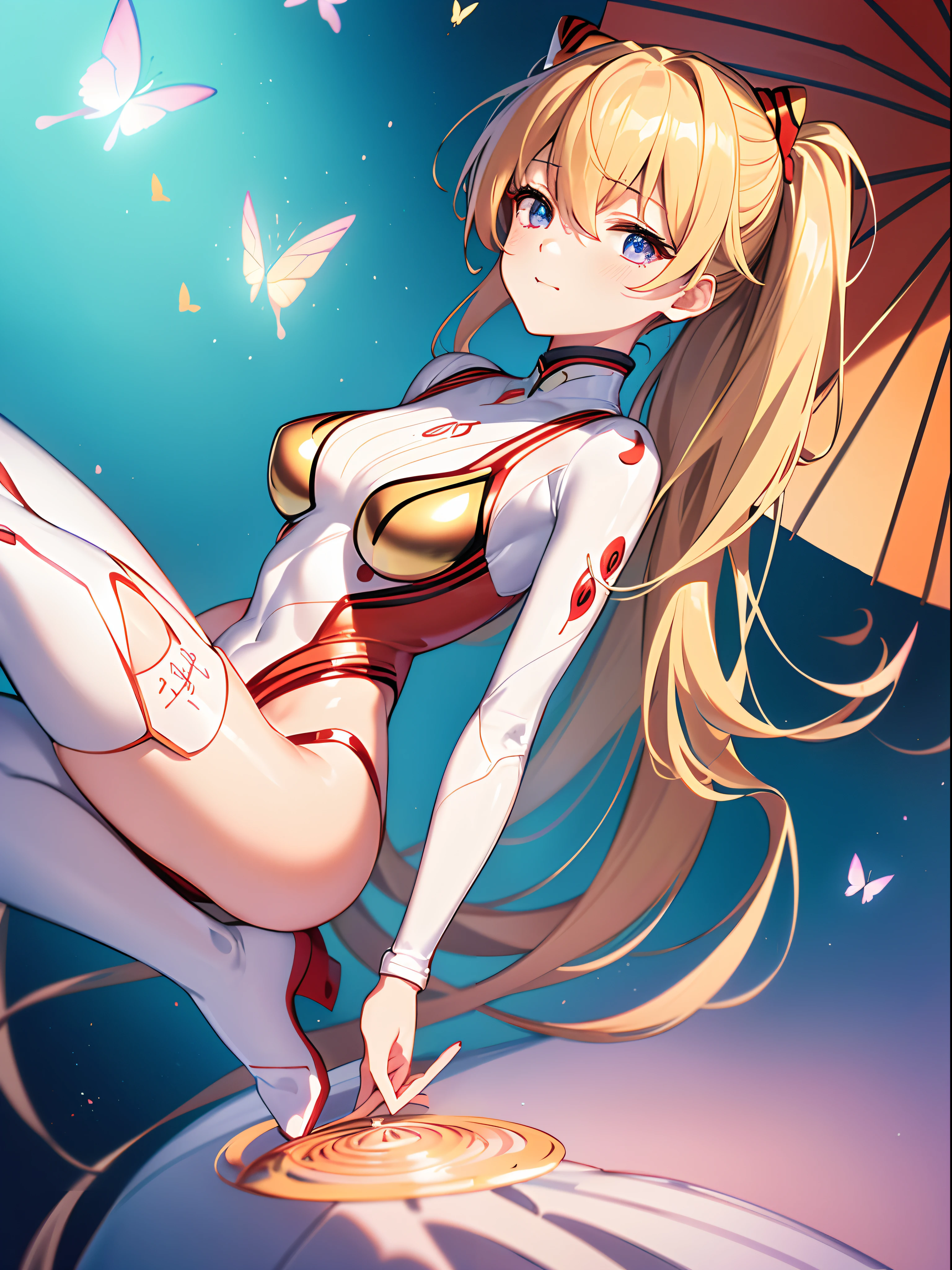 ((souryuu asuka langley,headgear,white sundress,Blonde,side twintails)),(Glowing eyes:1.233), diffuse reflection, high-profile, majestic,(cunning smile,blushing,adorable face,bishoujo,kawaii,)(Beautiful and detailed eyes:1.3),1girl,Solo,(Masterpiece,Best quality, offcial art,Target the audience, Beautiful and aesthetic:1.2),(超高分辨率,Golden ratio), (4K),(looking from above),necklace,(((a girl is holding oil paper umbrella))),kneeling,Floating hair, (((butterfly mountain))),(photo maping, Physically-based rendering,automatic white balance),Amazing,Sharp focus,(((holographic))), (((high detailed skin,)))Dynamic lighting,Intricately detailed clothing,Watery eyes,(masterpiece sidelighting),(busty,a beauty girl,The sheen),[[Delicate fingers and hands:0.55]::0.85],(Detail fingers),((((BREAK,Design an image with a fisheye lens effect, capturing a wide field of view with a distinctive, curved perspective.BREAK,)))Superior photographic quality,((extremely_Detailed_Eyes_and_face)),(Disheveled hair),Movie girl,