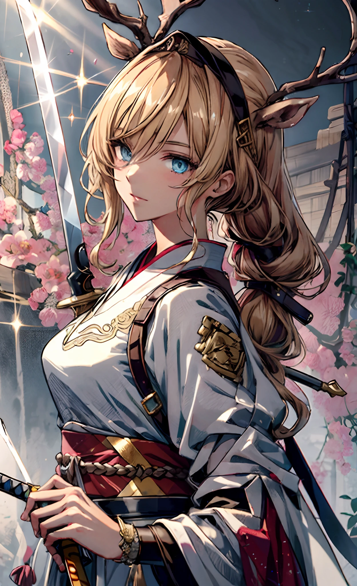 Masterpiece, Best quality, 1girll, Golden hair, blue color eyes, Female swordsman walking, Dutch angle, Cinematic, voluminetric lighting, rays of sunshine, Soft lighting, mistic, magical, rim lit, fantasy, Sparkle, glimmering, Ponytail hairstyle, Hanfu, Carrying a sword on his back, Ancient China, White and yellow clothes, Bird, The crane, Long hair, thick eyebrow