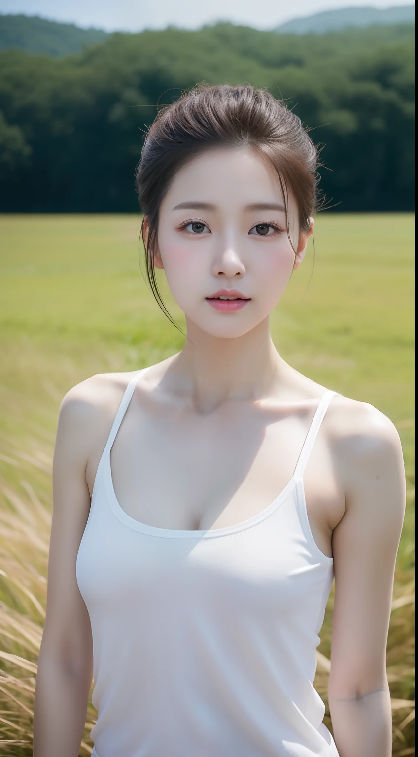 realistic photos of 1 cute Korean star, hair pulled back, white skin, thin makeup, 32 inch breasts size, wearing tank top, standing in the field, hut is background, upper body portrait, sparkle, UHD