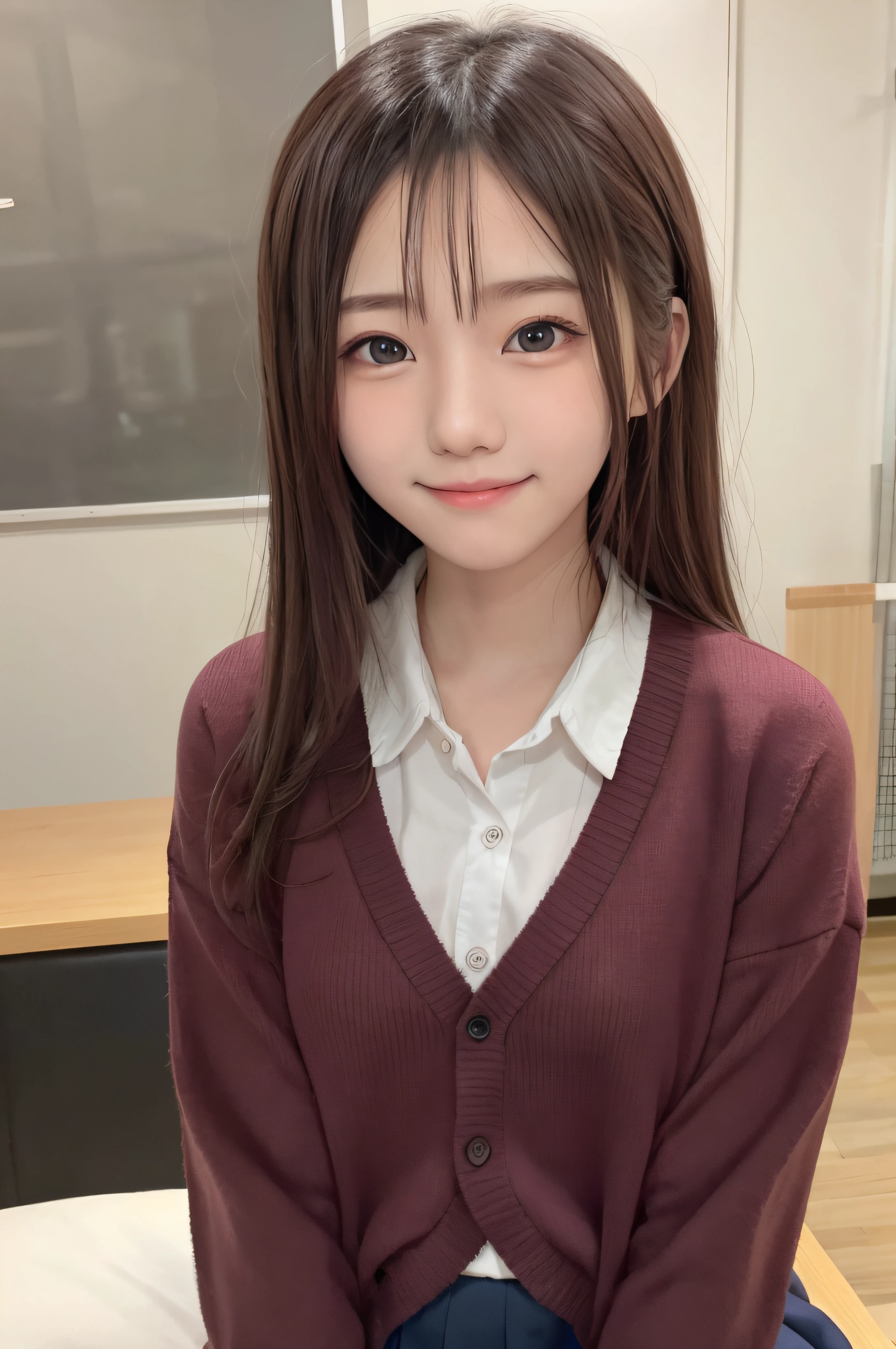 watching anime、Japanese、woman、25 years old、smile、long hair、glasses、Otaku、Room wear、one&#39;s home、Her bangs are tied with a rubber band.