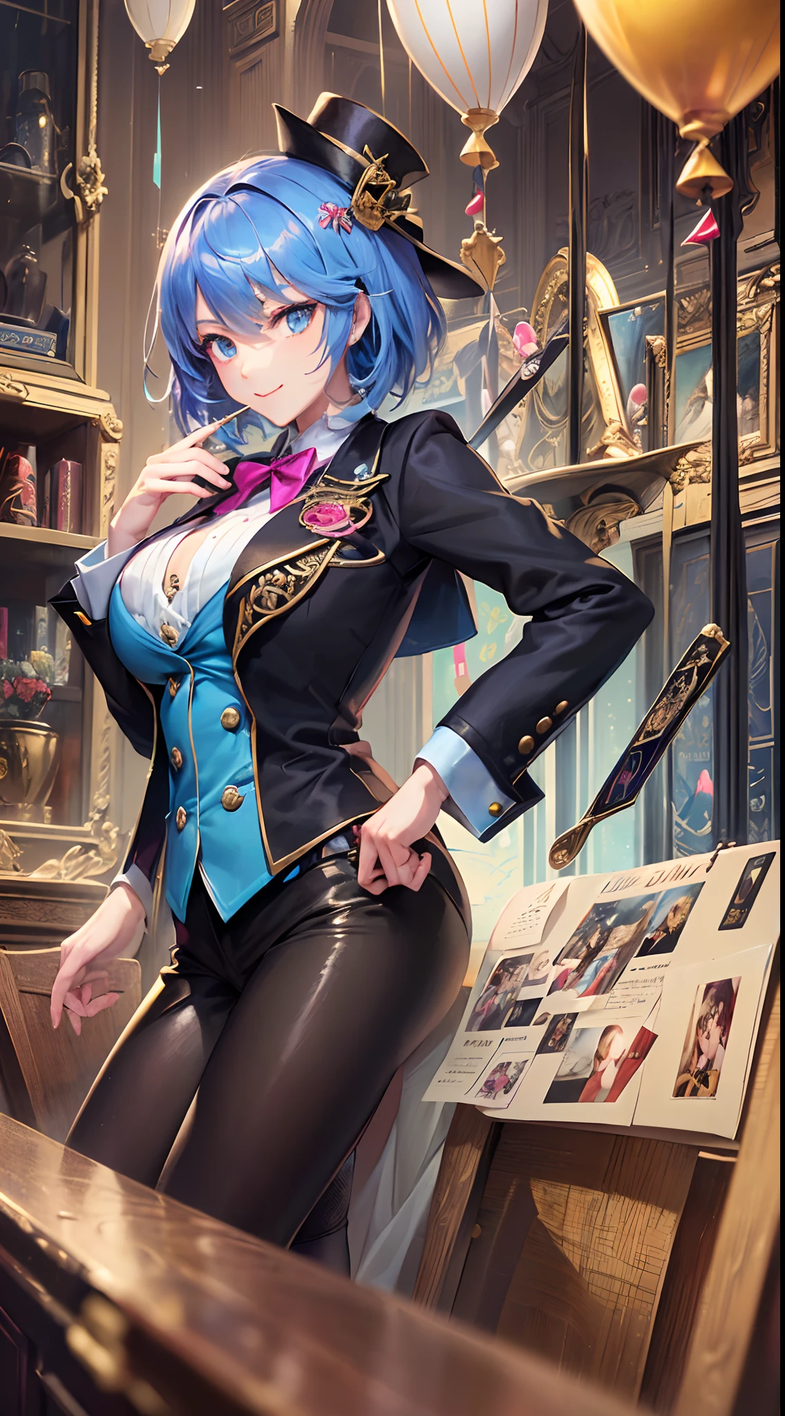 ((Finest quality)),(超A high resolution),(ultra-detailliert),(Meticulous portrayal),((Best Anime)),(Finest works of art),sharpnes,Clair, (Beautiful female magician in tailcoat:1.5),silk hat:1.3,(Light blue shortcut:1.5,stick),Invincible smile, Magic Show,Lots of colorful balloons,cracker