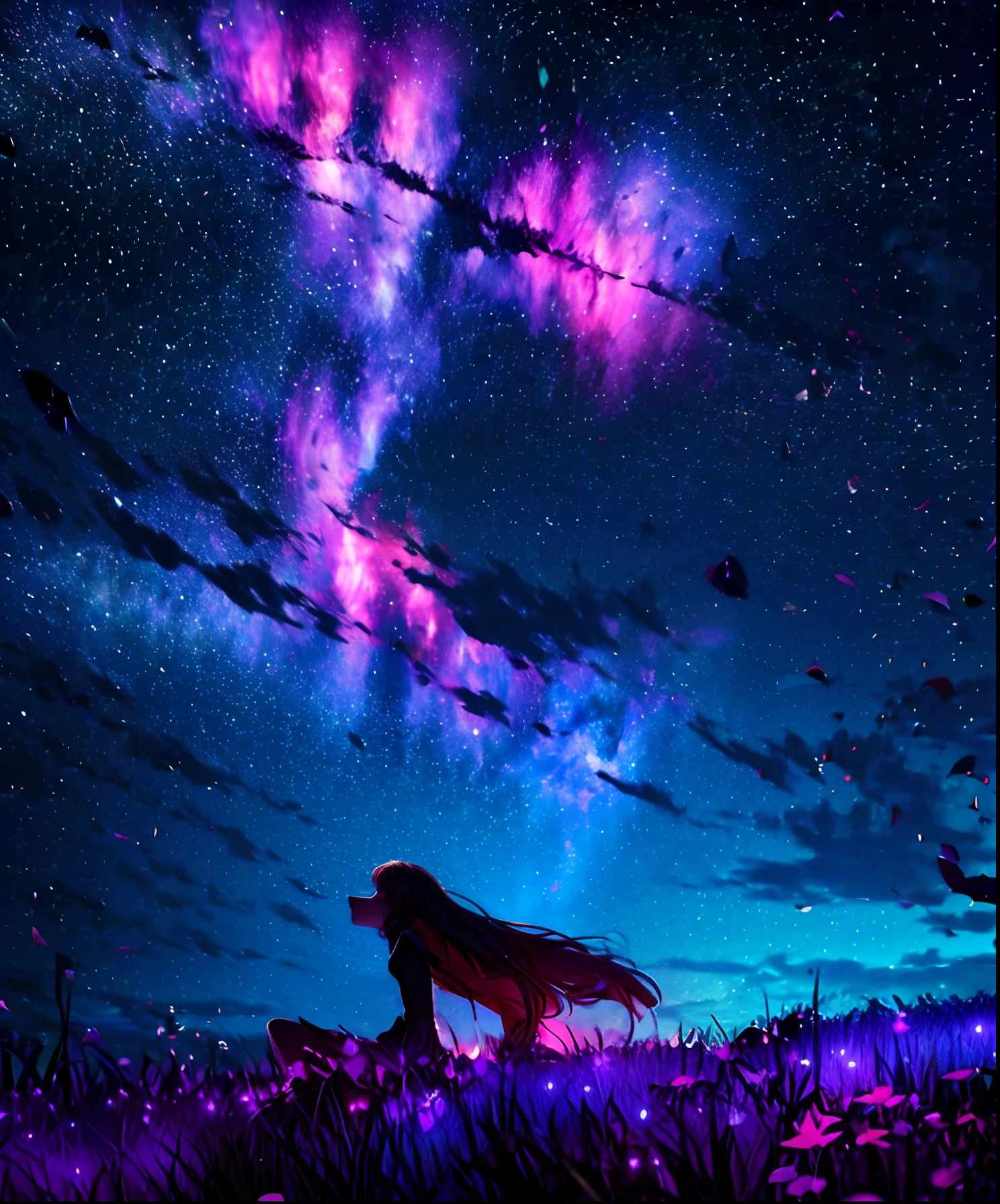 Describe a scene where a cute girl character is lying on a grassy hill, Looking up at the starry sky. Surround her with colorful nebulae and her favorite constellations.