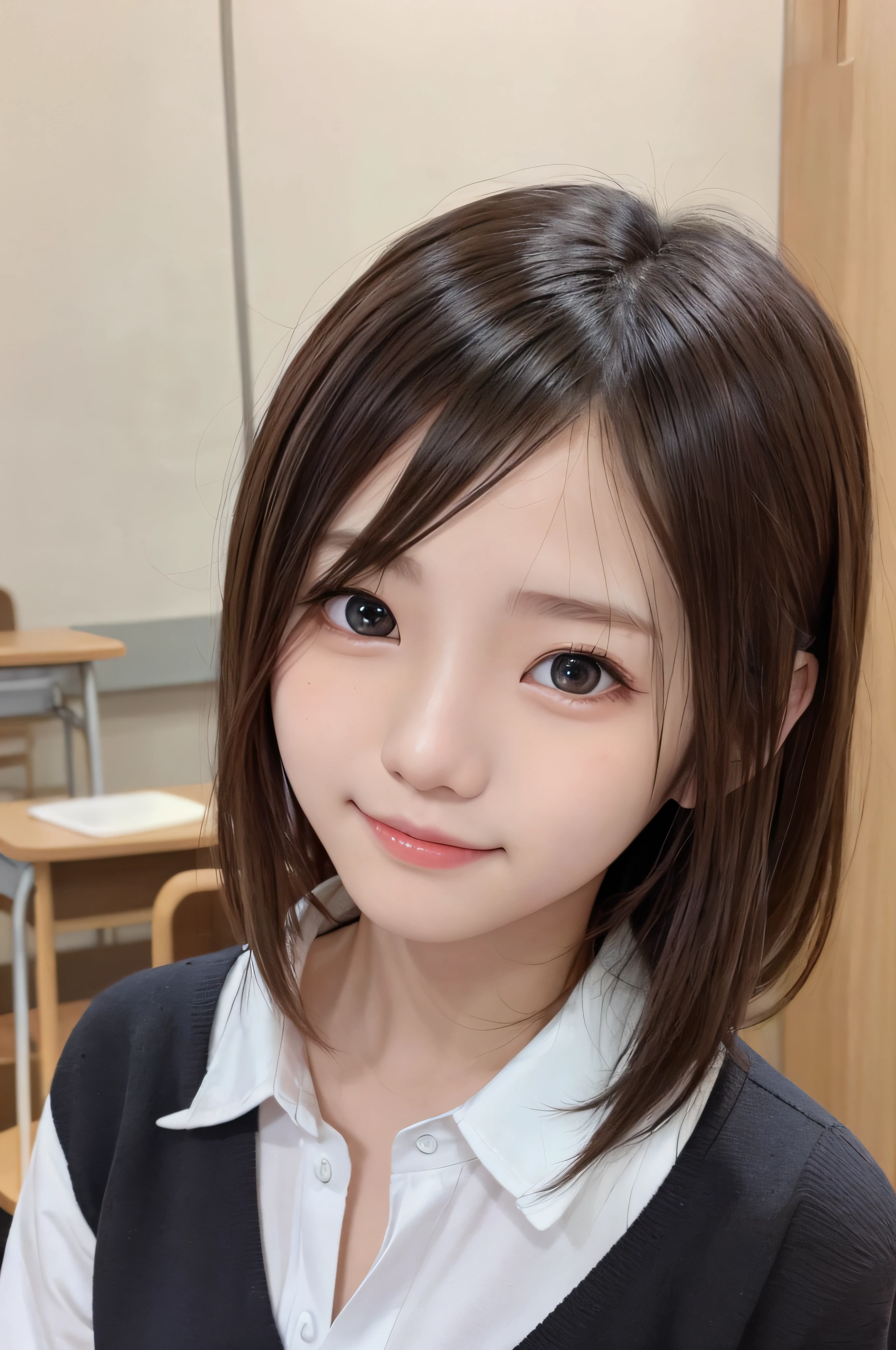 1４Year old woman、soio、brown haired、real looking skin、A detailed eye、hi-school girl、(8K、​masterpiece)、(reallistic、Photorealsitic)、top-quality、realisitic、ighly detailed、The ultra-detailliert、Beautie、cute little、独奏、Korea person、a smile、Close-up portrait、Healthy face、schools、School uniform、Cardigan、plaid skirts