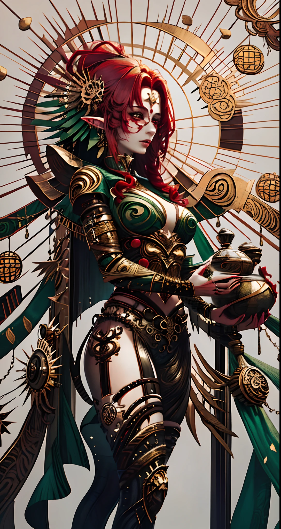 A picture of a woman with red hair and green dress, dress made of leaves, delicate golden pattern, goblin queen of summer forest, fantasy style art, beautiful girl, detailed fantasy digital art, very beautiful fantasy art, Forest elf, beautiful and elegant dryad, graphic artist magali villeneuve, nymph, (masterpiece, best quality: 1.2), (ultra detailed), (illustration), wallpaper, original,