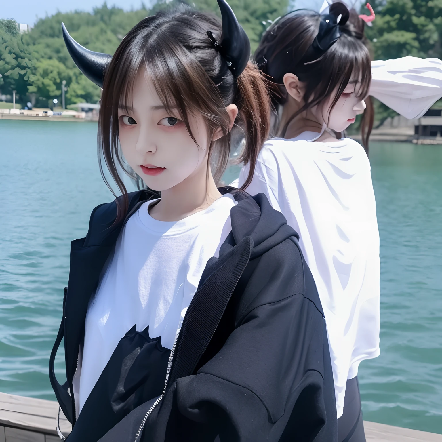 1 girl, lewd, white t shirt, demon horns, wings, black wings, standing on the lake