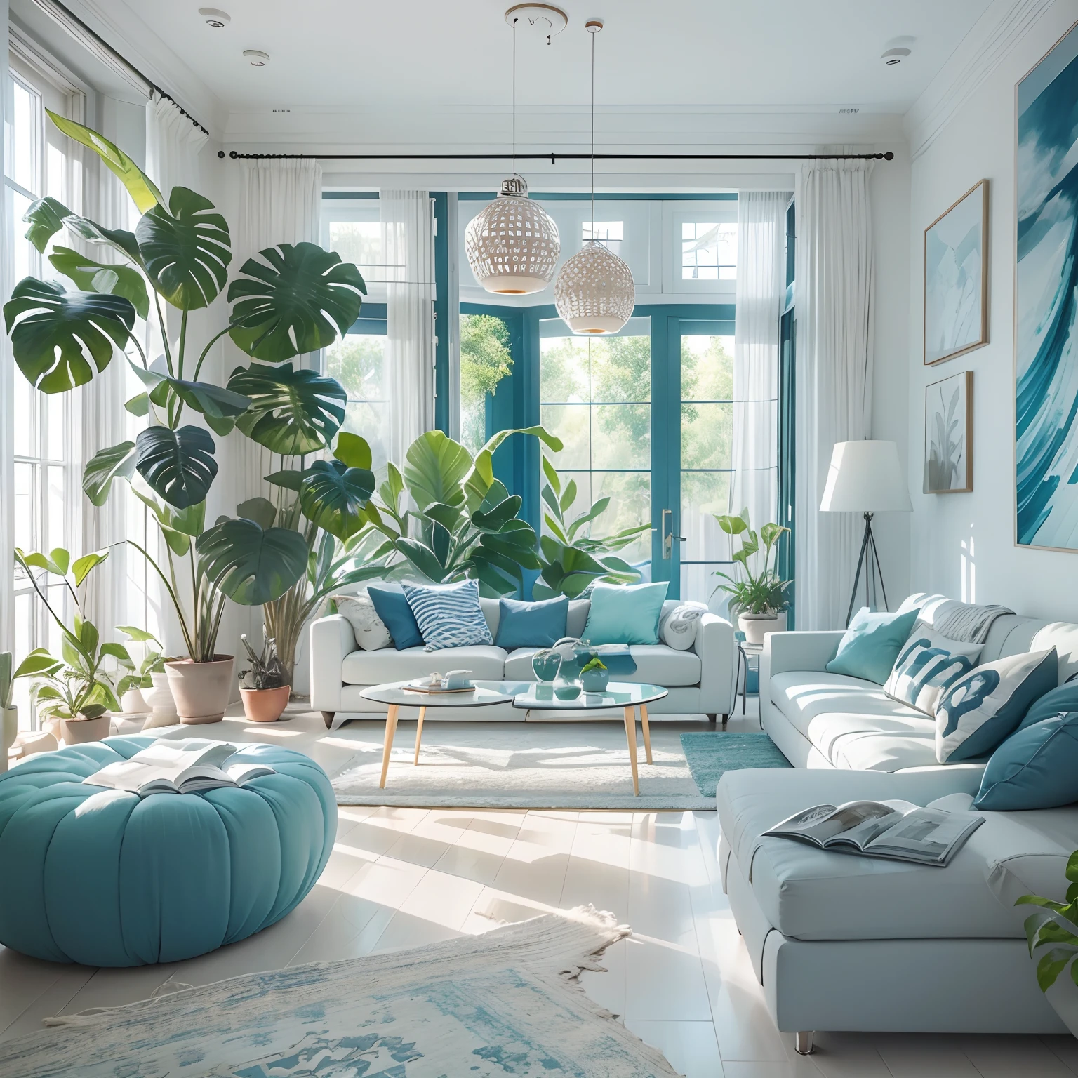 modern living room, blue and white color , plants, morning sunshine, masterpiece, best quality.