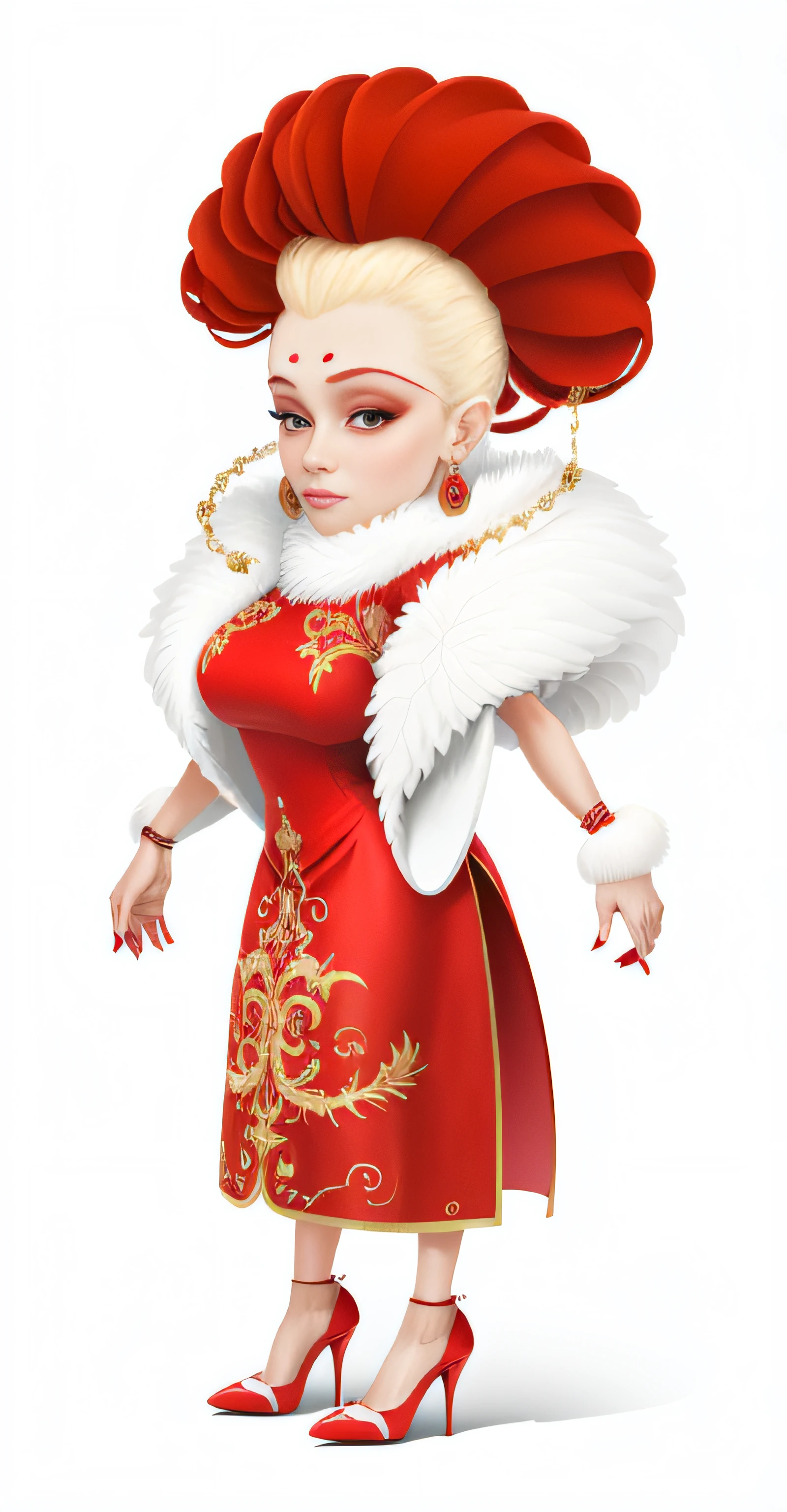 Woman in red dress,White fur shawl and earrings, high-heels