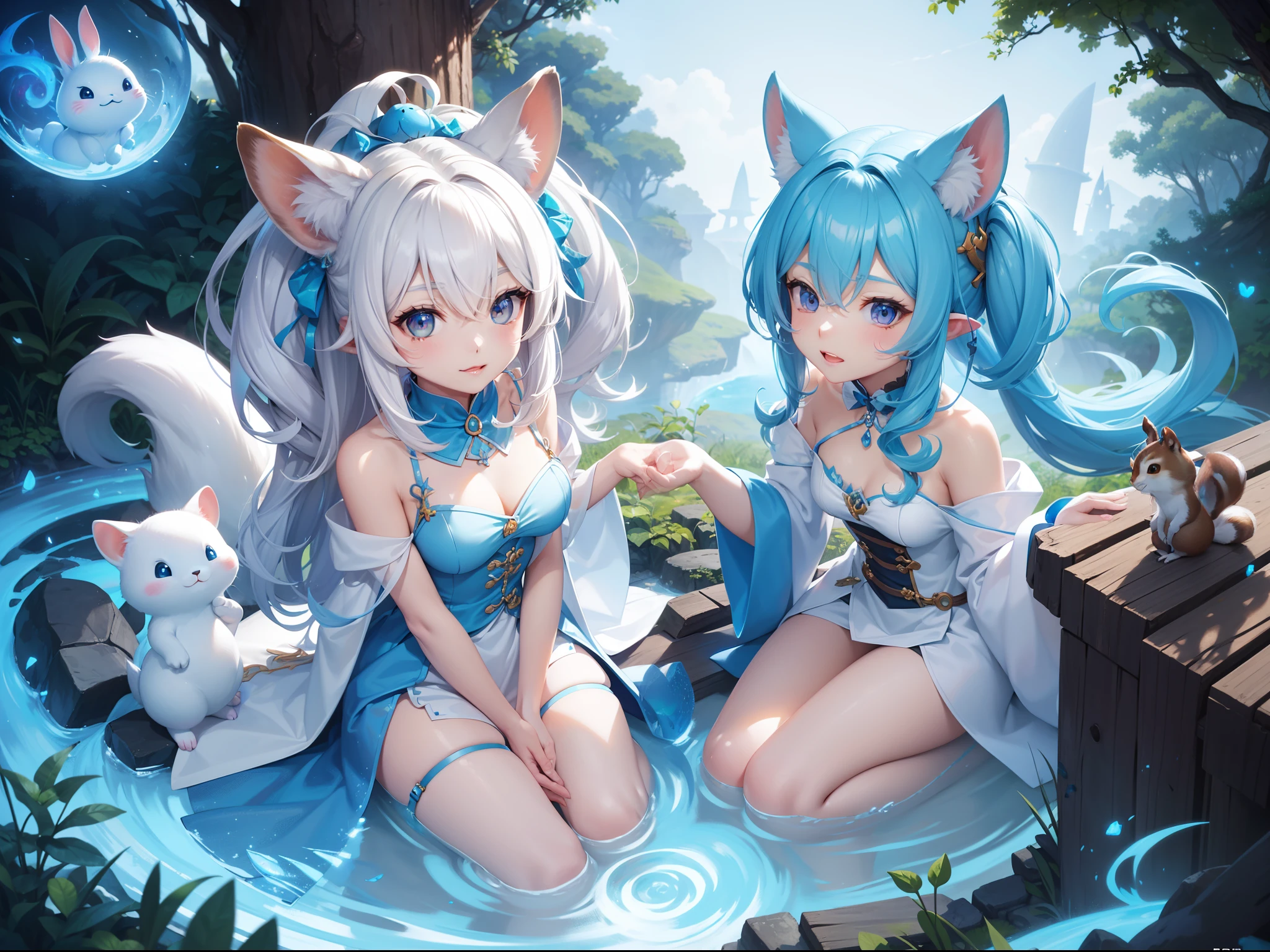 In the forest、There is a small white rabbit with long ears,  White long ears、I'm with a pretty girl with long blue hair。It is a cute costume in white and blue。Dark eyes。cute forest creature, Cute mushrooms also grow、Adorable Digital Painting, cute detailed digital art, the squirrel king, Cute digital art, cute cartoon characters, cute character, CuteCreatures, official illustrations, Official art, squirrel, maplestory mouse, astri lohne,  cute 3d render
