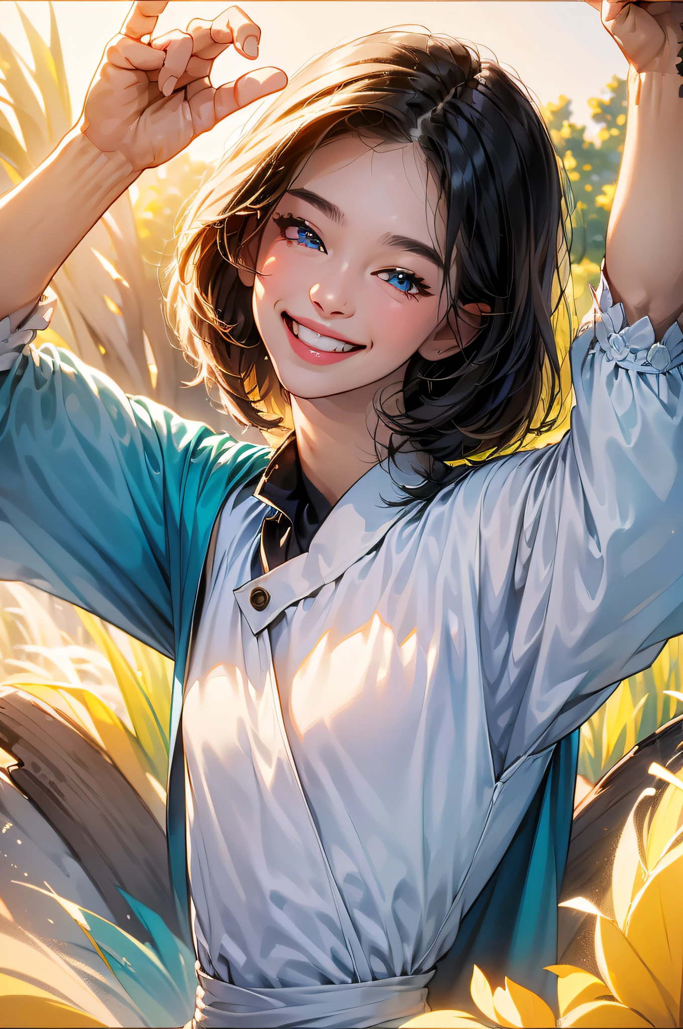 (in 8K、top-quality、​masterpiece:1.2)、1人の女性、(Smiling smile:1.1)、beautidful eyes、Valley、The upper part of the body、shorth hair、Like a boy、bob cuts、Green View、