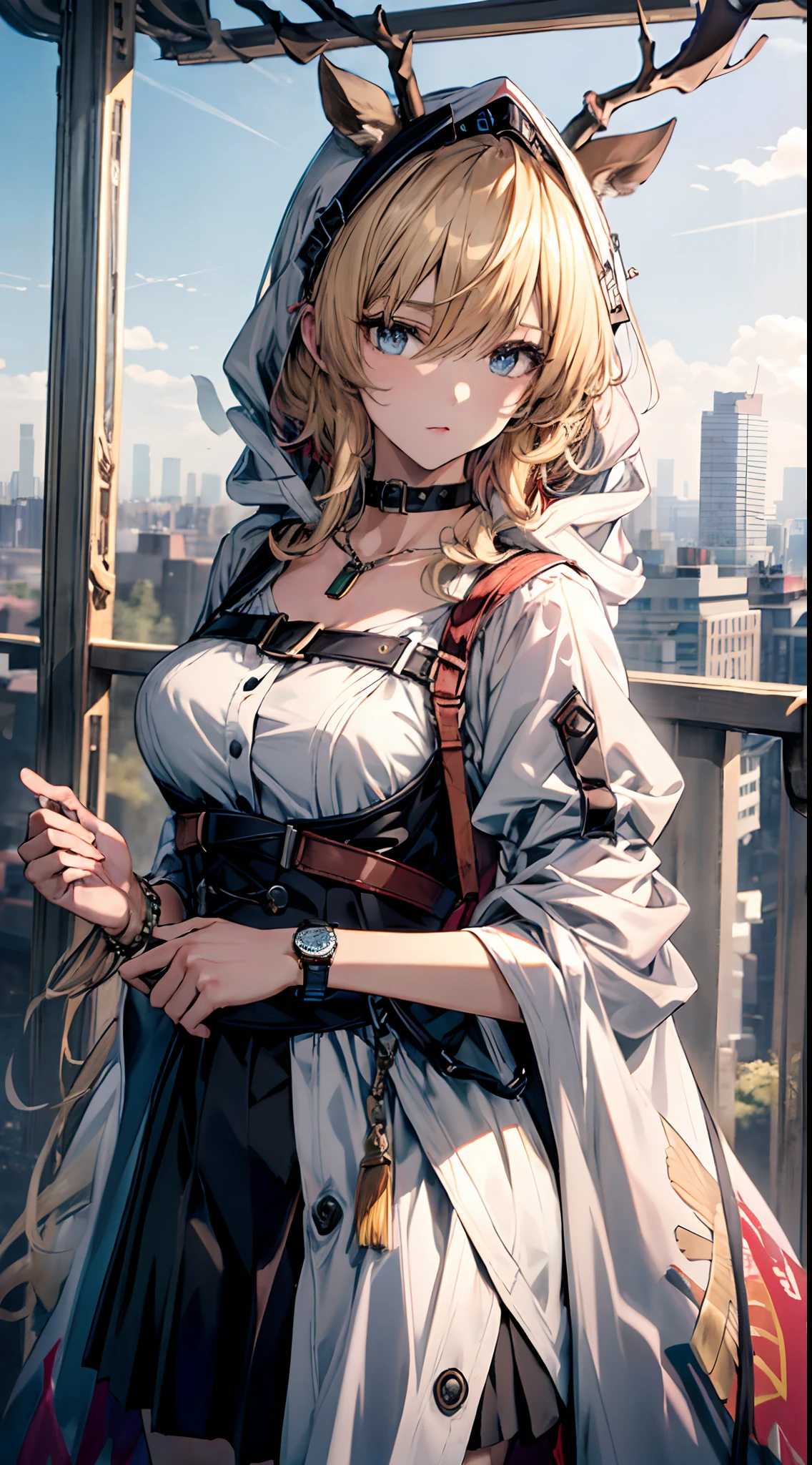 (((Masterpiece))),(incredibly_absurderes),(Best quality),(A high resolution),(Highly detailed),((CG unity 8k wallpaper)),Best quality at best,tmasterpiece,1girll,blond hairbl,messy hair,curly_Hair,The shirt,a skirt,kawai,JK,Red_bow,Wrist watch,choker necklace,view over city,Original photo of 8K,超高分辨率,highest details,复杂,8K,hdr,