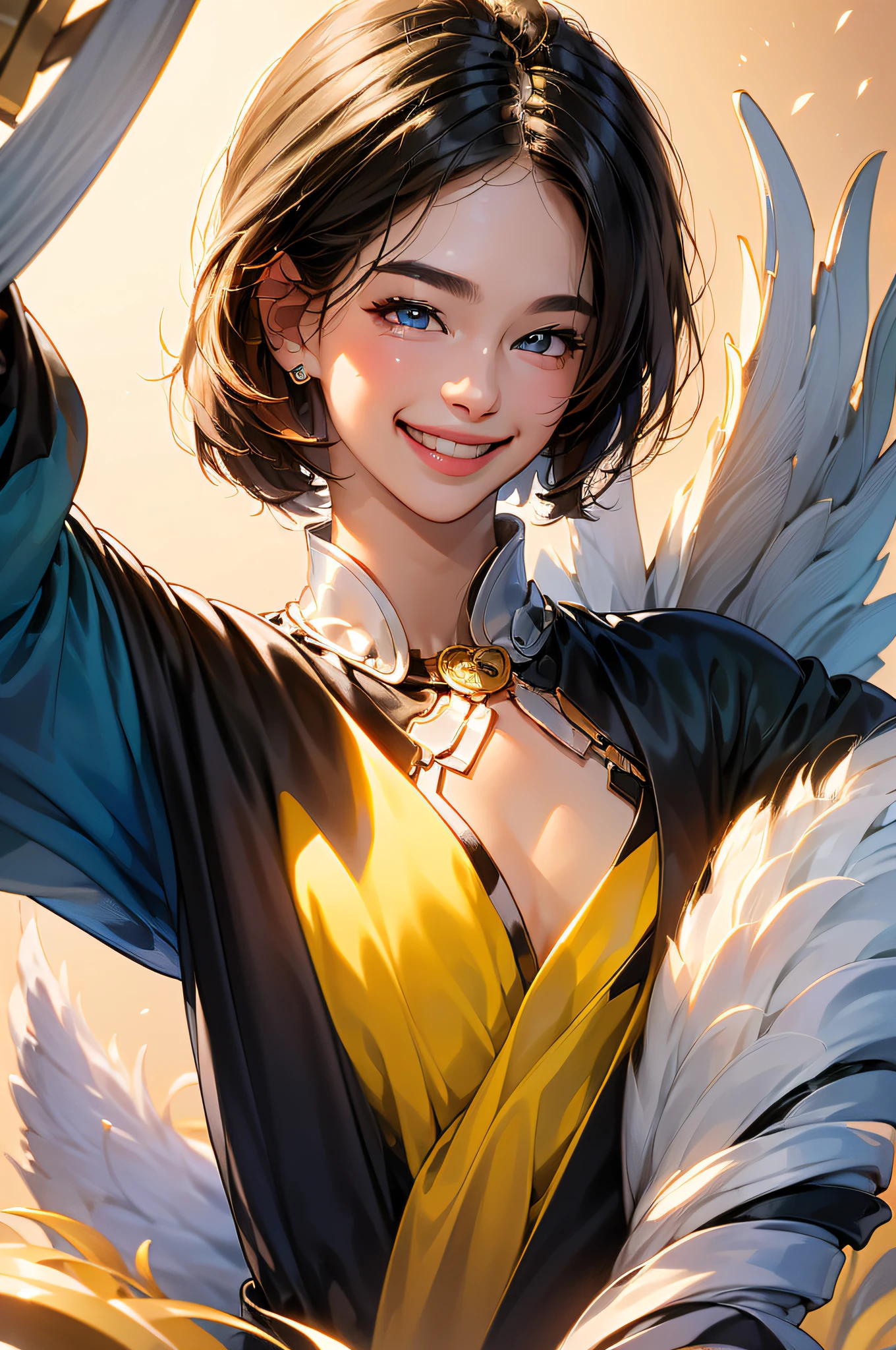 (in 8K、top-quality、masterpiece:1.2)、1人の女性、(Smiling smile:1.1)、beautidful eyes、Valley、The upper part of the body、shorth hair、Like a boy、bob cuts、Green View、