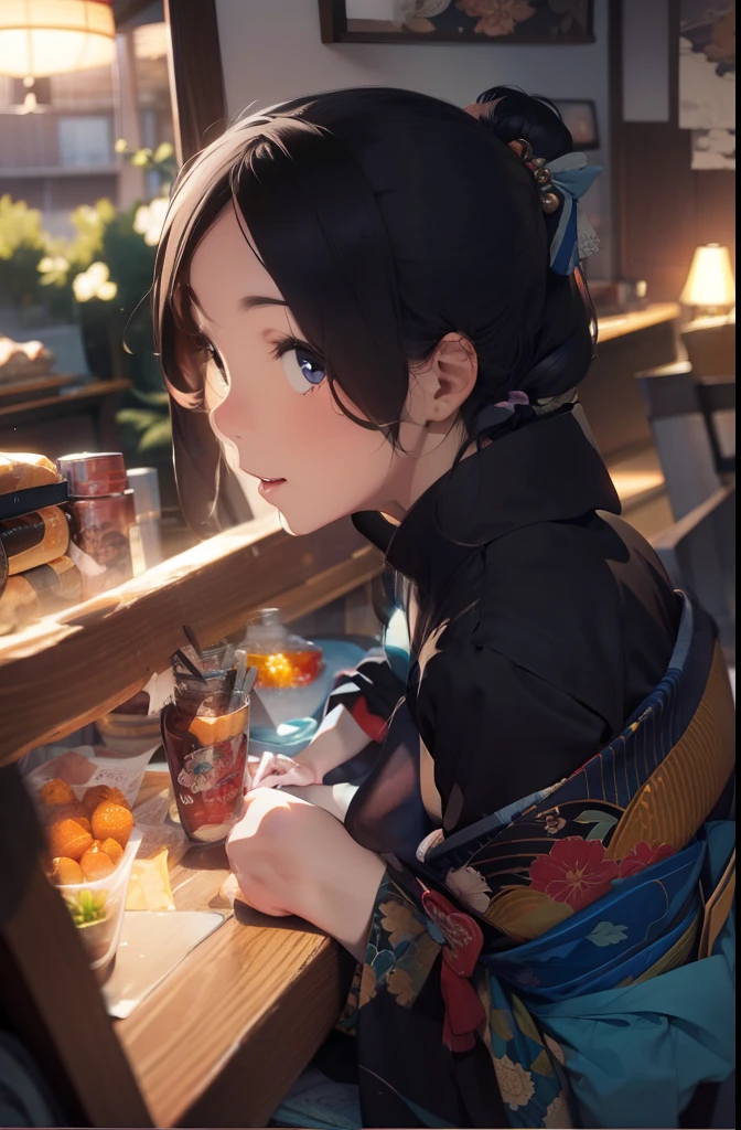ultra-quality, ultla highres, Hyper Detailed, High contrast, superfine illustration, creative refinement, japanese kimono, Light blue Japan kimono, ssmile, livingroom