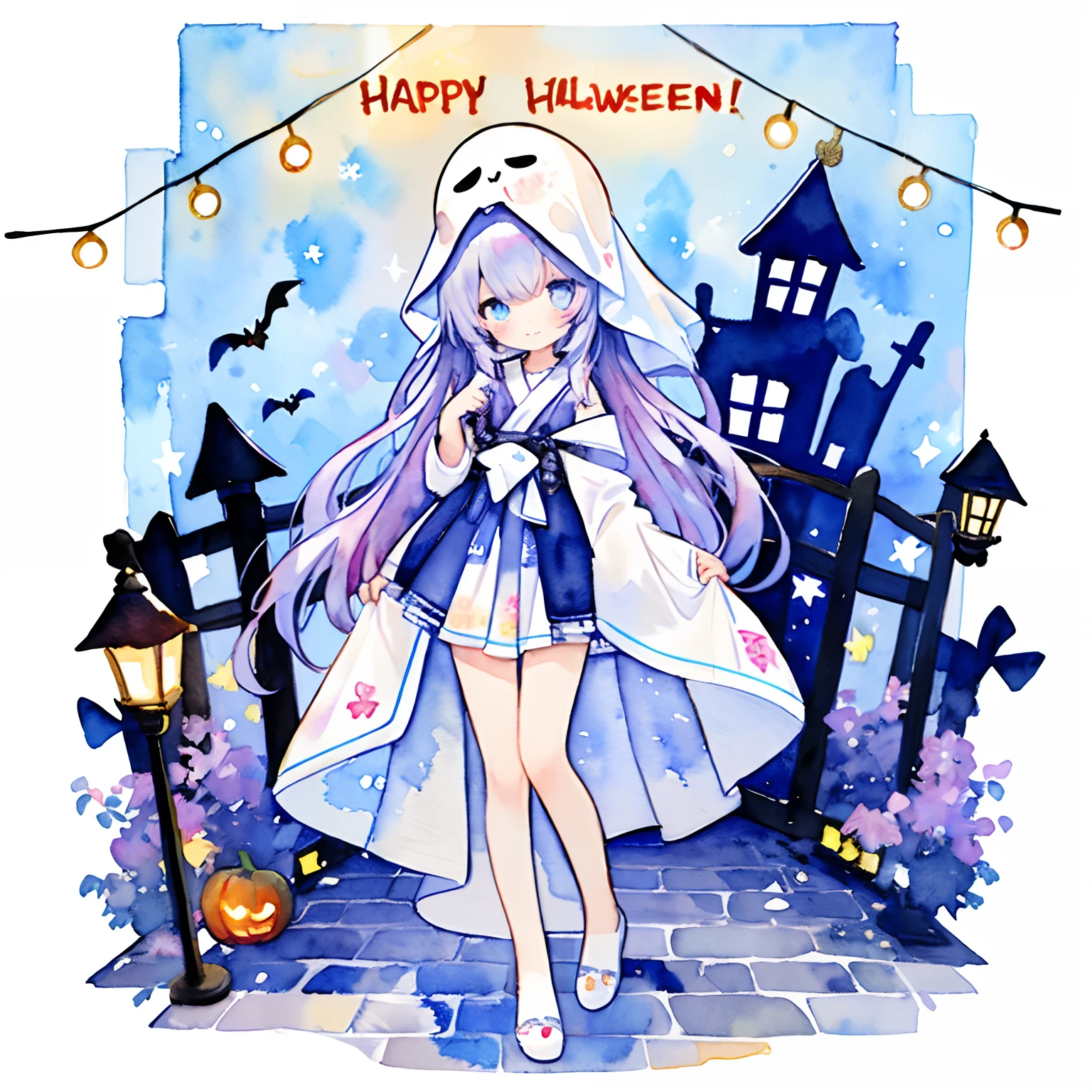 PastelColors:1.5)、(Cute illustration:1.5)、(watercolor paiting:1.2)、Light blue background、girl with、full body Esbian、facing front、Cover your head with a large white cloth、Halloween Haunted、👻、(Eye shape:><)、Smile on your lips、Looks fun、Innocence、purple color hair、Streetlights stand、Cloth with ghost face painted on it、natta、murky、Hold the cloth on your head with your hand