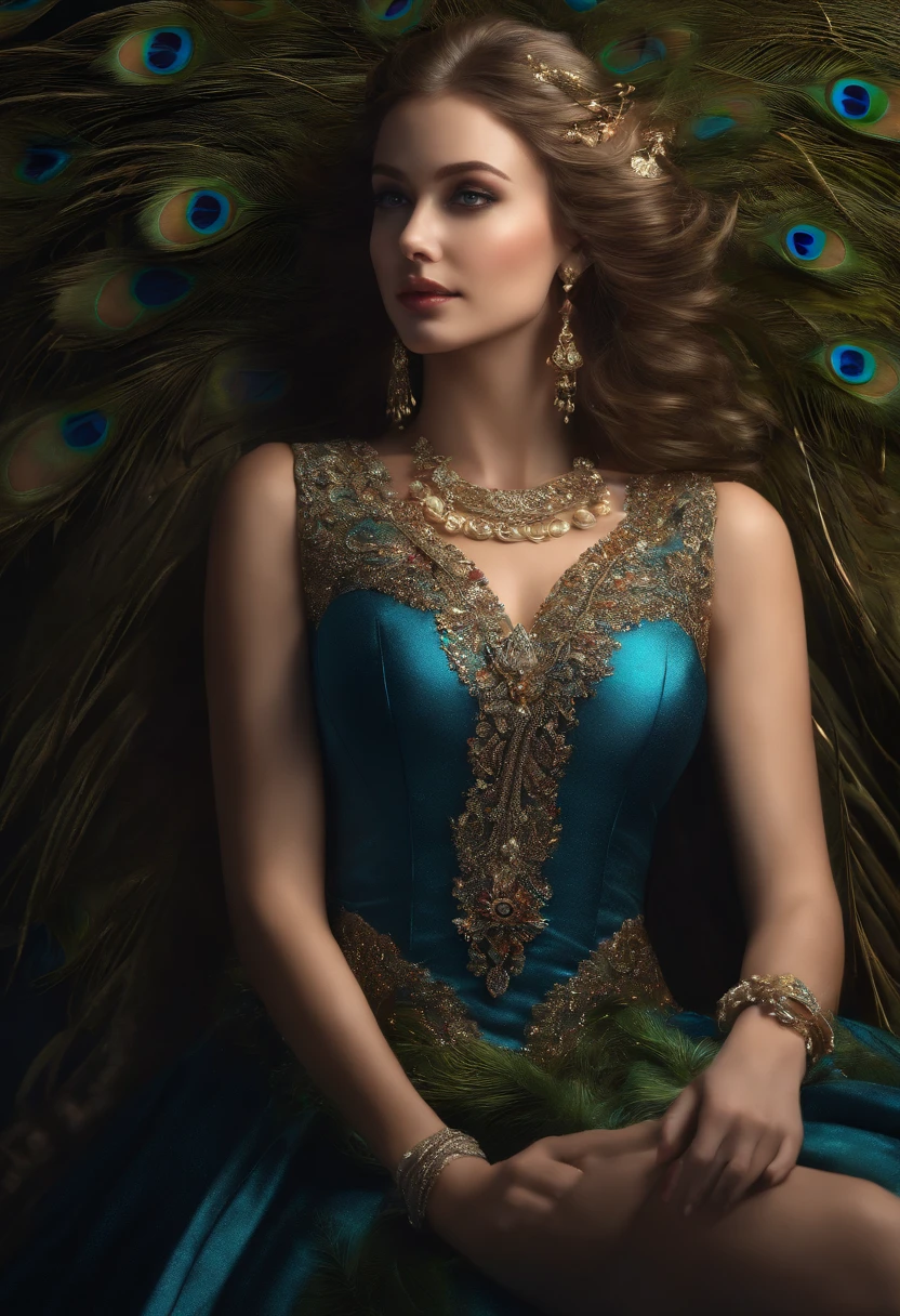 (Dynamic Angle:1.4), ((Pose all over the body:1.5), (Colorful:1.2), (Extremely detailed CG Unity 16k wallpaper:1.1), (Noise Removal Strength: 1.45), (tmasterpiece:1.37), ((offcial art)), Top quality, the wallpaper, Original, (1girll:1.35), (Solo), full bodyesbian, Dynamic, Blue eyes, Detailed eyes, Peacock wings, (Disheveled hair), colored tips, Colored inner hair, jewelry, Intricate filigree, Feathers on dresses, voluminetric lighting, jungles, Tyndall effect, Peacock feathers, Halo, (Masterpiece:1.35) [Peacock feather gorgeous dress:(Peacock feathers):0.65], (illustration), (Depth of field), Chiaroscuro, Cinematic lighting, color difference, Sparkle, Ray tracing, blend, Ultra-wide angle, f/1.8, hasselblatt, Sony FE GM, (Masterpiece), (Masterpiece), Best quality, hyper HD