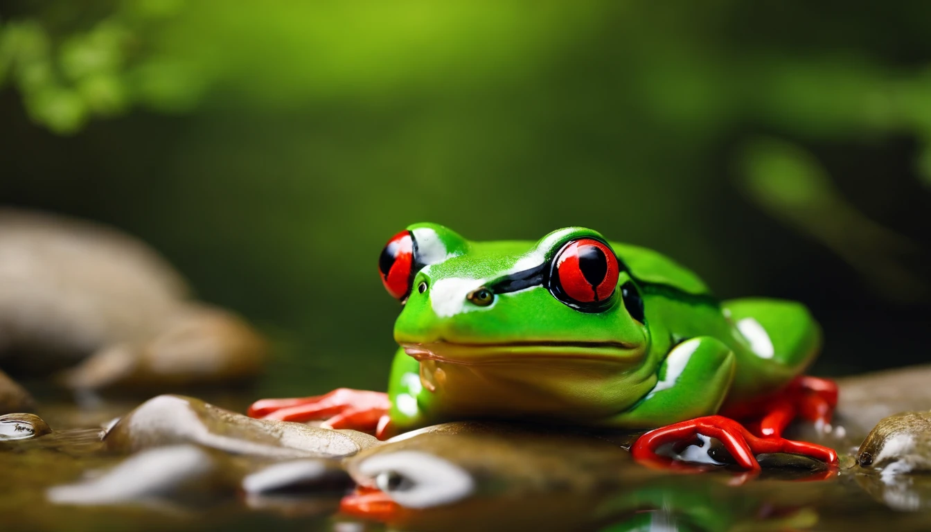 Next to the creek there is a green frog and a red lobster, Sculpture cute style
