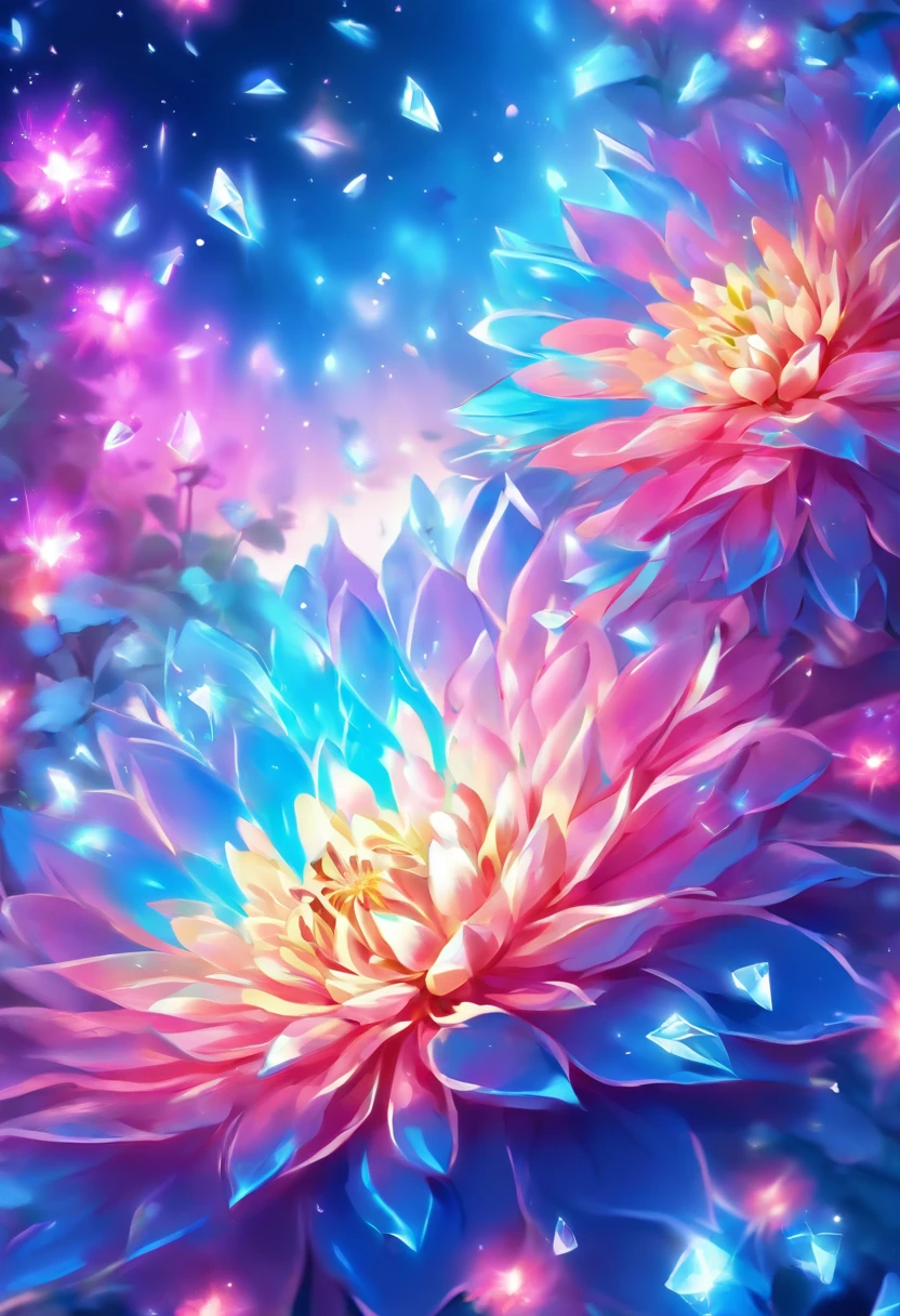 Digital art detailed for the best masterpieces, Highest Quality, bright delicate blue and pink dahlia flowers with elegant leaves,１only、Against the backdrop of beautiful and elegant diamonds, Graceful stems, And delicate, And elegant, flowey, Glittering petals, flowercore, surrounded flower, Radiant magic in the expression of flowers, Beautiful animations, Bright flowers in 16K lace, Beautiful Art U Hard Disk 4K, Detailed painting in 4K, Beautiful flowers and crystals, Luminous flowers, huge flower, light bloom, full bloom, Flowers that shine with bloom ether effect, Magic colorful flowers with flower pieces in the middle of the garden, floral environment, Beautiful Art U Hard Disk 4K, magical flowers, Flower explosion, Beautiful digital painting detailed in emergency digital photography, Detailed painting in 4K, background artwork, Flower explosion, Floral colors, highly-detailed digital painting, Appeared in 4K, Best Quality, hight resolution, 1080p, hard disk, 4K, 8K
