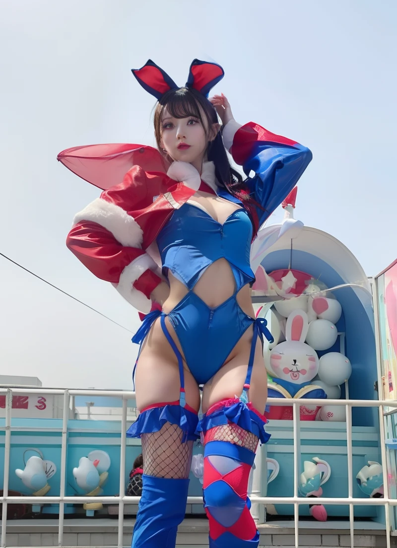 Idol in colorful bunny girl fashion、large full breasts、Beautiful legs、Blue mesh semi-long、、Good Style、、Red and blue fishnet stockings、Red, blue and white、Cute Bunny Suit、Cute look、Long Bunny Girl Year、large hips、Colorful hair