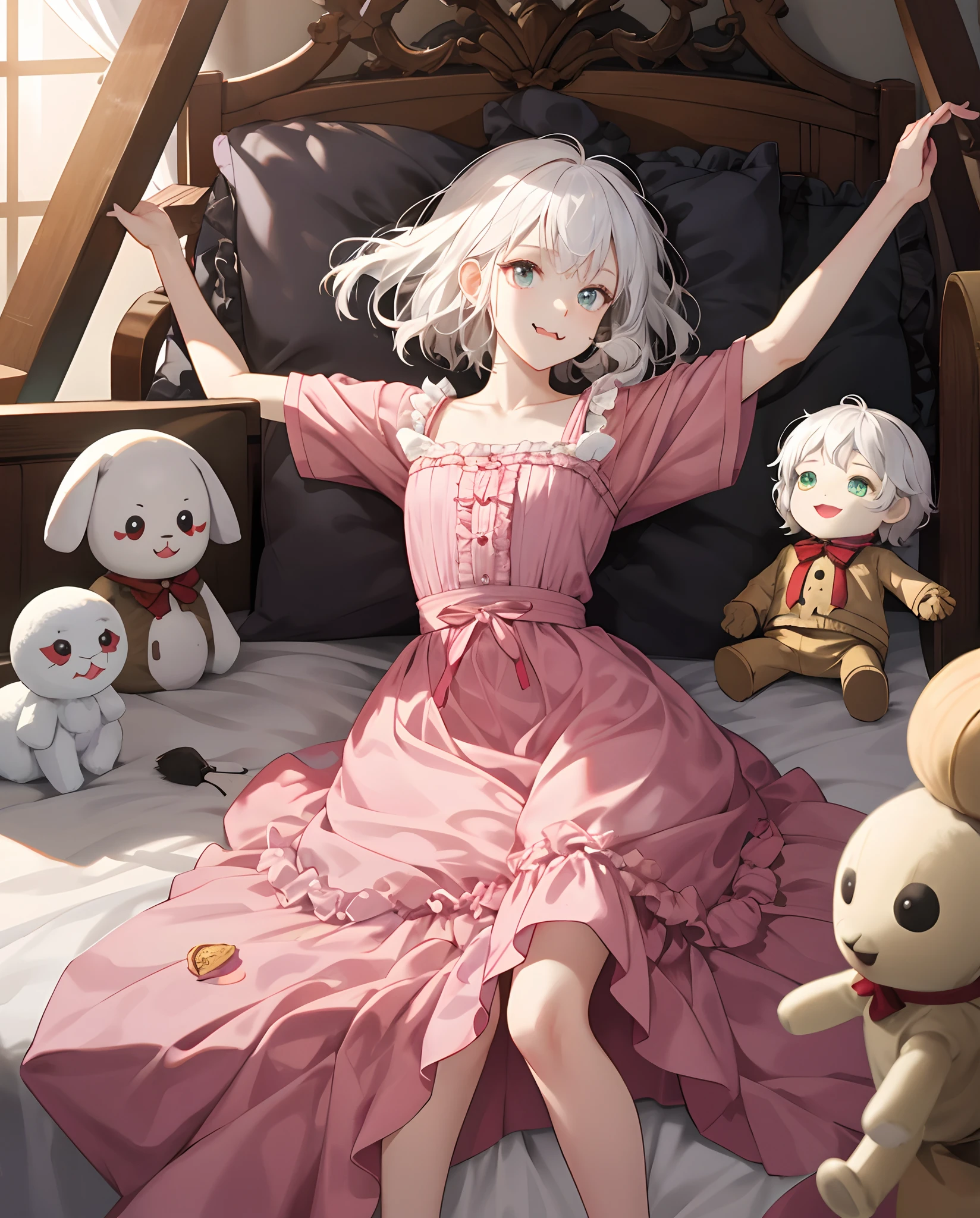 【Image content】A white-haired cat lady girl in a pink dress，Lie down in bed，Stretching coquettishly，The corners of her mouth rose slightly，There was a hint of playfulness and mischievous expression in his eyes。The bed was covered with pink sheets，There are some cute dolls and stuffed animals around，It adds a warm and childlike atmosphere to the whole scene。

【Positive prompts】An adorable white-haired cat girl wearing a pink dress, lying lazily on a bed, playfully pouting and stretching. The corners of her mouth are slightly upturned, and her eyes reveal a mischievous and playful expression. The bed is covered with pink sheets, and there are cute dolls and stuffed toys placed around, creating a warm and whimsical atmosphere. High-definition photo of a charming cat girl playfully lounging on a bed, perfect for any artwork or project that needs a touch of cuteness and innocence.

【Reverse prompt】((ugly)), ((scary)), ((monstrous)), ((weird proportions)), ((distorted face)), ((extra limbs)), ((extra eyes)), ((extra mouth)), ((extra nose)), ((out of frame)), ((bad composition)), ((blurry)), ((low quality)), ((poorly drawn)), ((awkward pose)), ((bad lighting)), ((bad coloring)), ((unattractive)), ((creepy)), ((grotesque)), ((grotesque)), ((uncanny valley)), ((disturbing)), ((unnatural)), ((distorted)), ((disfigured)), ((mutilated)), ((pixelated)), ((low resolution)), ((poorly photoshopped)), ((bad framing))

【param】Sampling method: LMS; Sampling steps: 25; CFG Scale: 6; Seed: 27364982; Optimal aspect ratio: 3:4