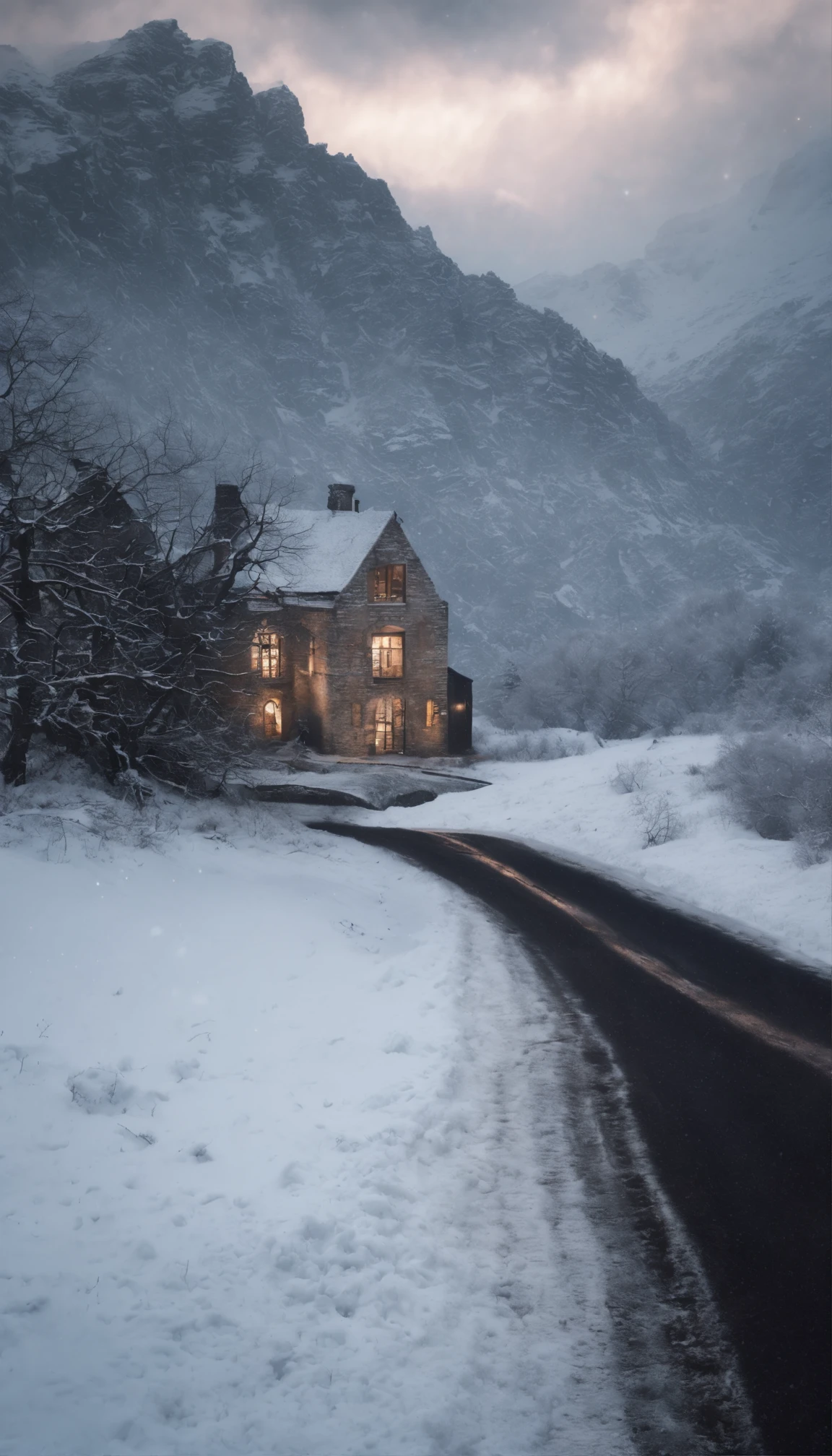 snow landscape，Back shadow，（The girl who left turned her back to the audience:1.1），中景 the scene is，独奏，（cabelos preto e longos），（Without a hat），Wear a red cotton coat，Black boots，Go into the distance，Heavy snowfall，Roads to distant places，Trees wither in winter，blanketed in a mantle of snow，Winter tones，somber mood，The vista is a mountain，（Snowflakes drift in the endless sky），8k wallpaper，cinema4d，Cinematic lighting effects，light and shadow effect，Tyndall，rendering by octane，White balance，Unreal 5，Extremely detailed picture，light particules，depth of fields，tmasterpiece，realisticlying