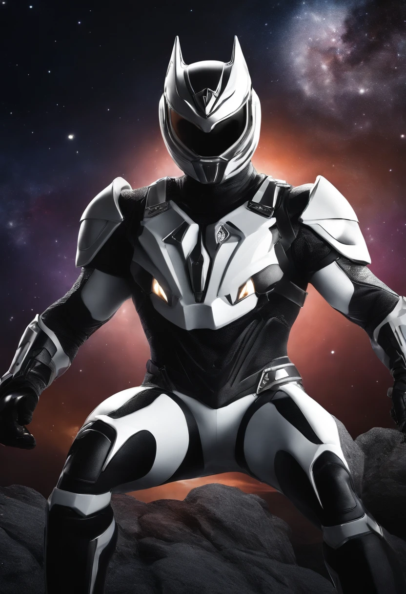 Transformation Hero,Wolf motif,Black and white of images,Sentai Hero,Kamen Rider,Biological suit,Muscular decoration,Hero Suit,An 18-year-old man,The image is a galaxy,White light on space background,Delicately drawn live-action wallpaper