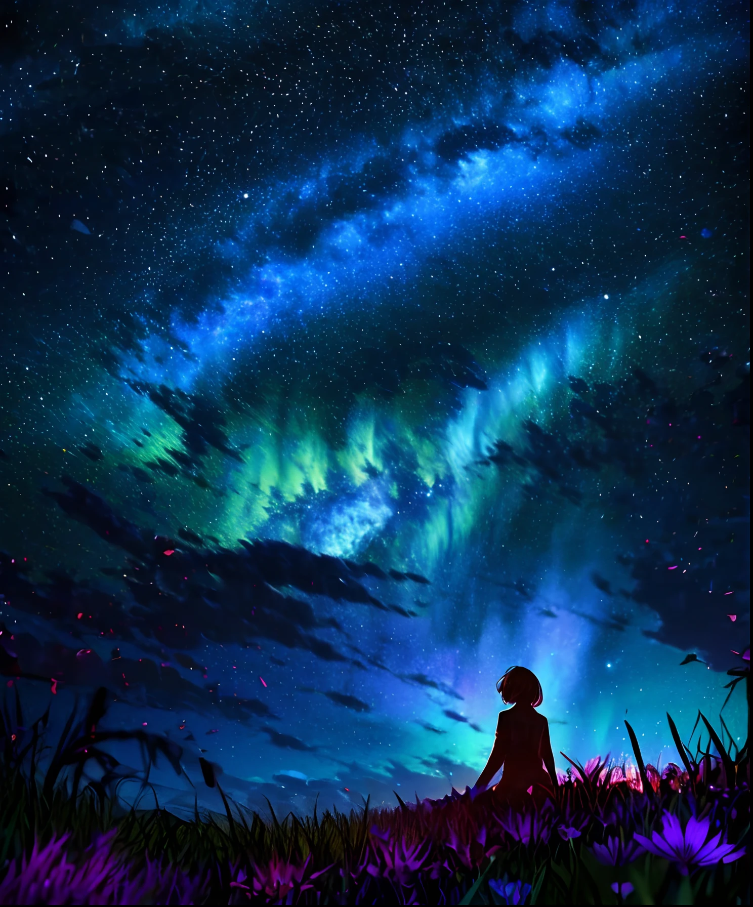 Describe a scene where a cute girl character is lying on a grassy hill, Looking up at the starry sky. Surround her with colorful nebulae and her favorite constellations.