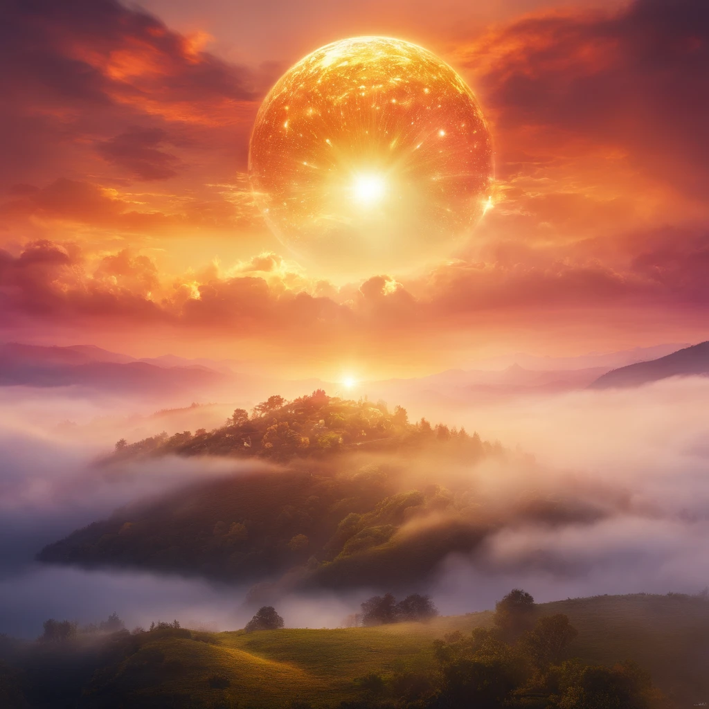 sunraise, suns, beam of light, hilltop, Cloud fog, UHD, retina, masterpiece, ccurate, super detail, high details, high quality, award winning, best quality, highres, 16k