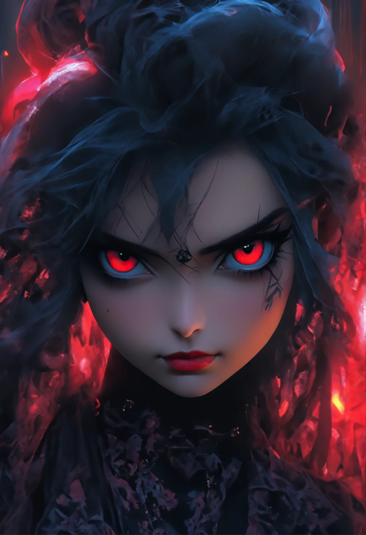 Masterpiece, Best quality, 1 girl, Solo, Natural skin texture, Realistic black eyes and facial details :5),(Dark :1. 4), Deep shadows, Extremely detailed beauty, Detailed eyes and face, sharp black eyes, Red lipstick, No black eyeliner, Detailed gothic costumes, pony tails, Black hair, nikon d850 film, Surreal, Authentic textures, Dramatic, lighting, illusory engine, (facial clarity :1). 5), (Transparent clothes :1); 1) Gothic style, Black lace, tattoo