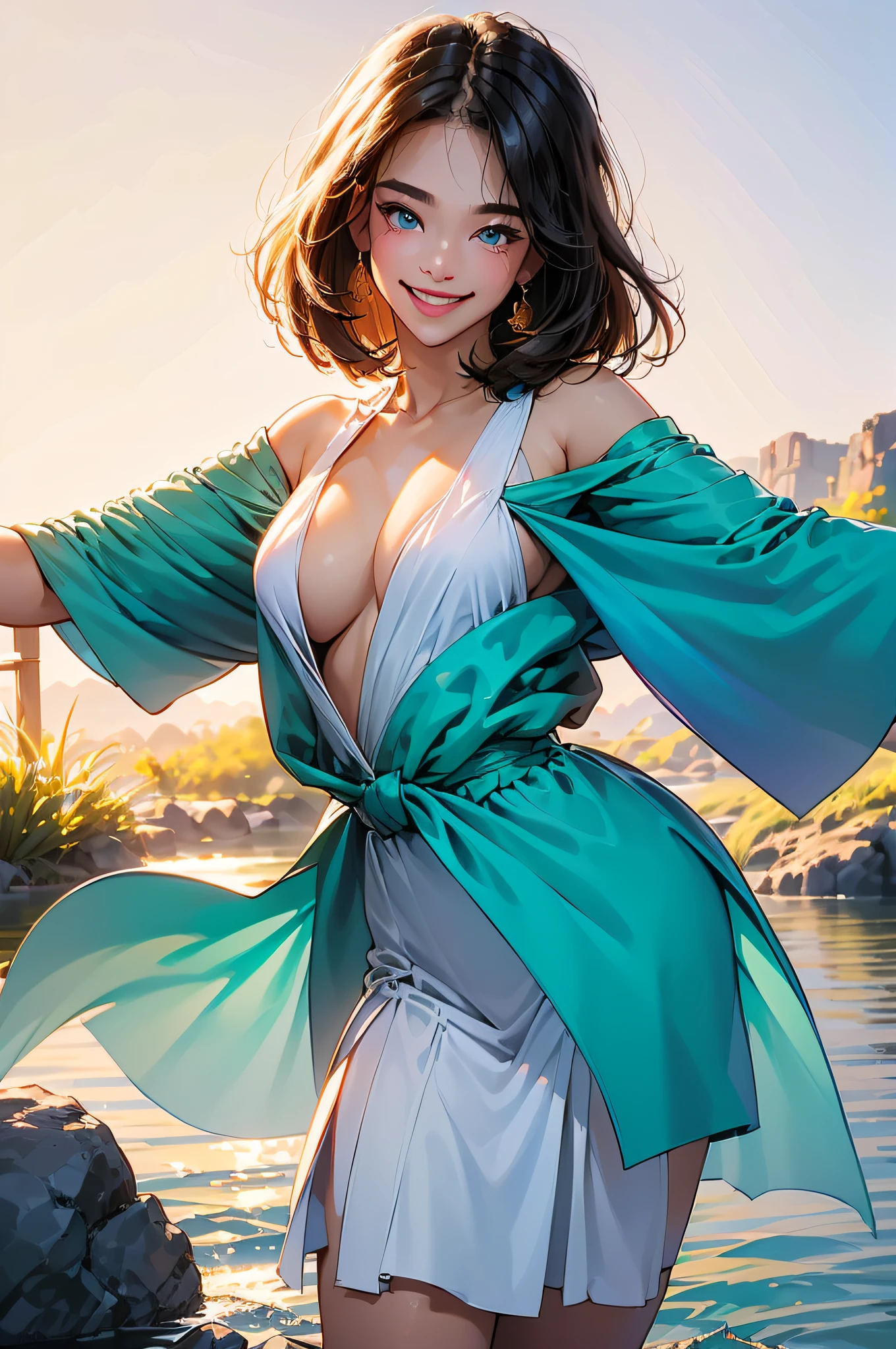 (in 8K、top-quality、masterpiece:1.2)、1人の女性、(Smiling smile:1.1)、beautidful eyes、Valley、The upper part of the body、shorth hair、Like a boy、bob cuts、huge tit、Green View、