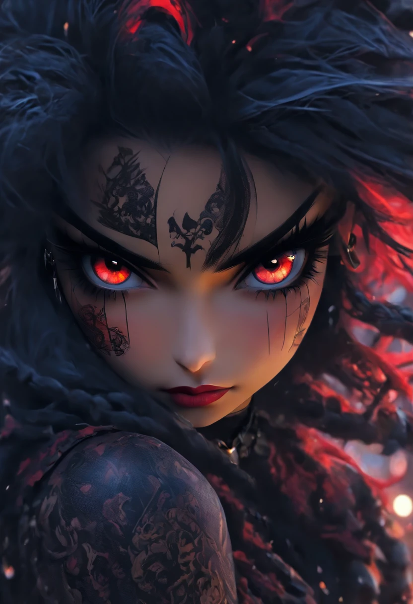 Masterpiece, Best quality, 1 girl, Solo, Natural skin texture, Realistic black eyes and facial details :5),(Dark :1. 4), Deep shadows, Extremely detailed beauty, Detailed eyes and face, sharp black eyes, Red lipstick, No black eyeliner, Detailed gothic costumes, pony tails, Black hair, nikon d850 film, Surreal, Authentic textures, Dramatic, lighting, illusory engine, (facial clarity :1). 5), (Transparent clothes :1); 1) Gothic style, Black lace, tattoo