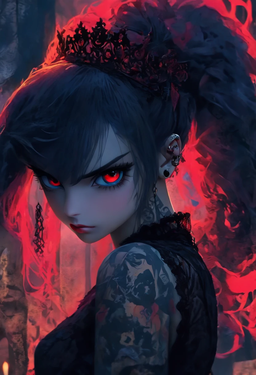 Masterpiece, Best quality, 1 girl, Solo, Natural skin texture, Realistic black eyes and facial details :5),(Dark :1. 4), Deep shadows, Extremely detailed beauty, Detailed eyes and face, sharp black eyes, Red lipstick, No black eyeliner, Detailed gothic costumes, pony tails, Black hair, nikon d850 film, Surreal, Authentic textures, Dramatic, lighting, illusory engine, (facial clarity :1). 5), (Transparent clothes :1); 1) Gothic style, Black lace, tattoo