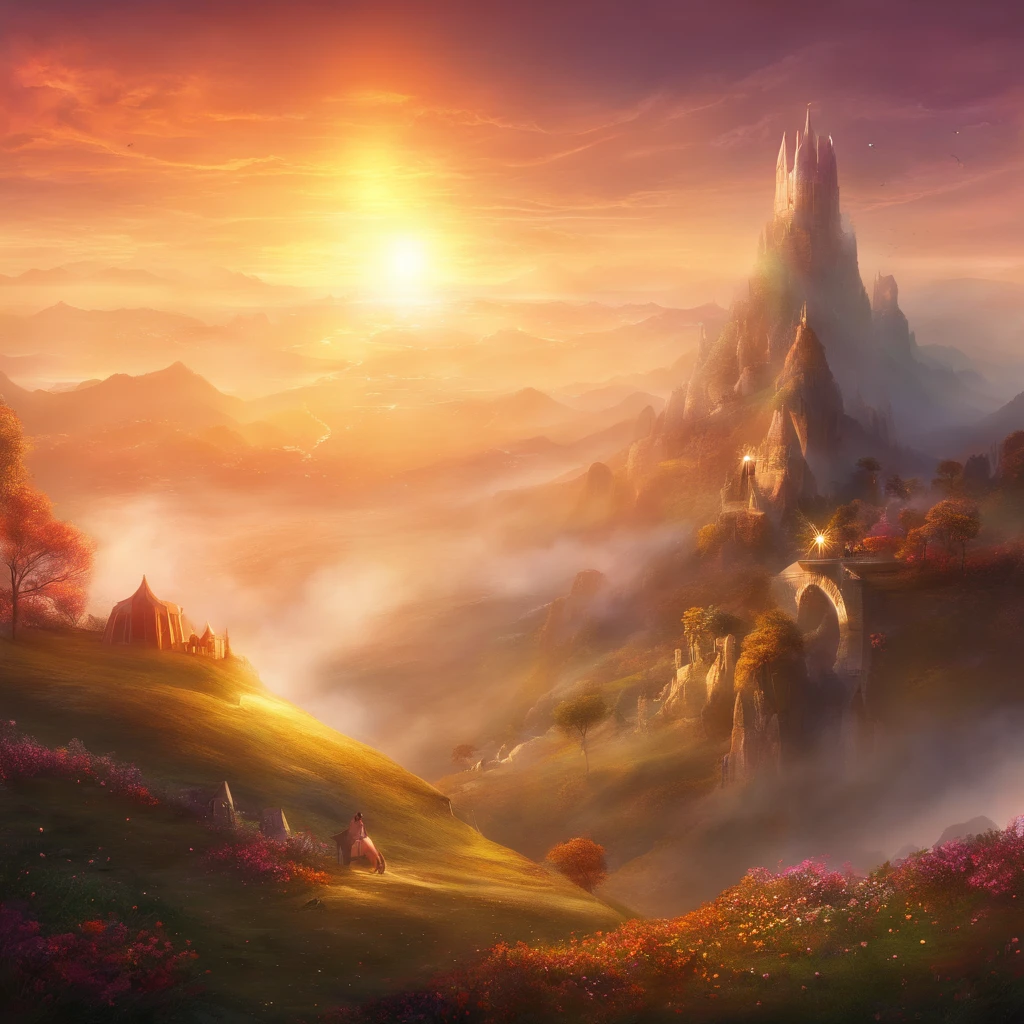 sunraise, suns, beam of light, hilltop, Cloud fog, UHD, retina, masterpiece, ccurate, super detail, high details, high quality, award winning, best quality, highres, 16k
