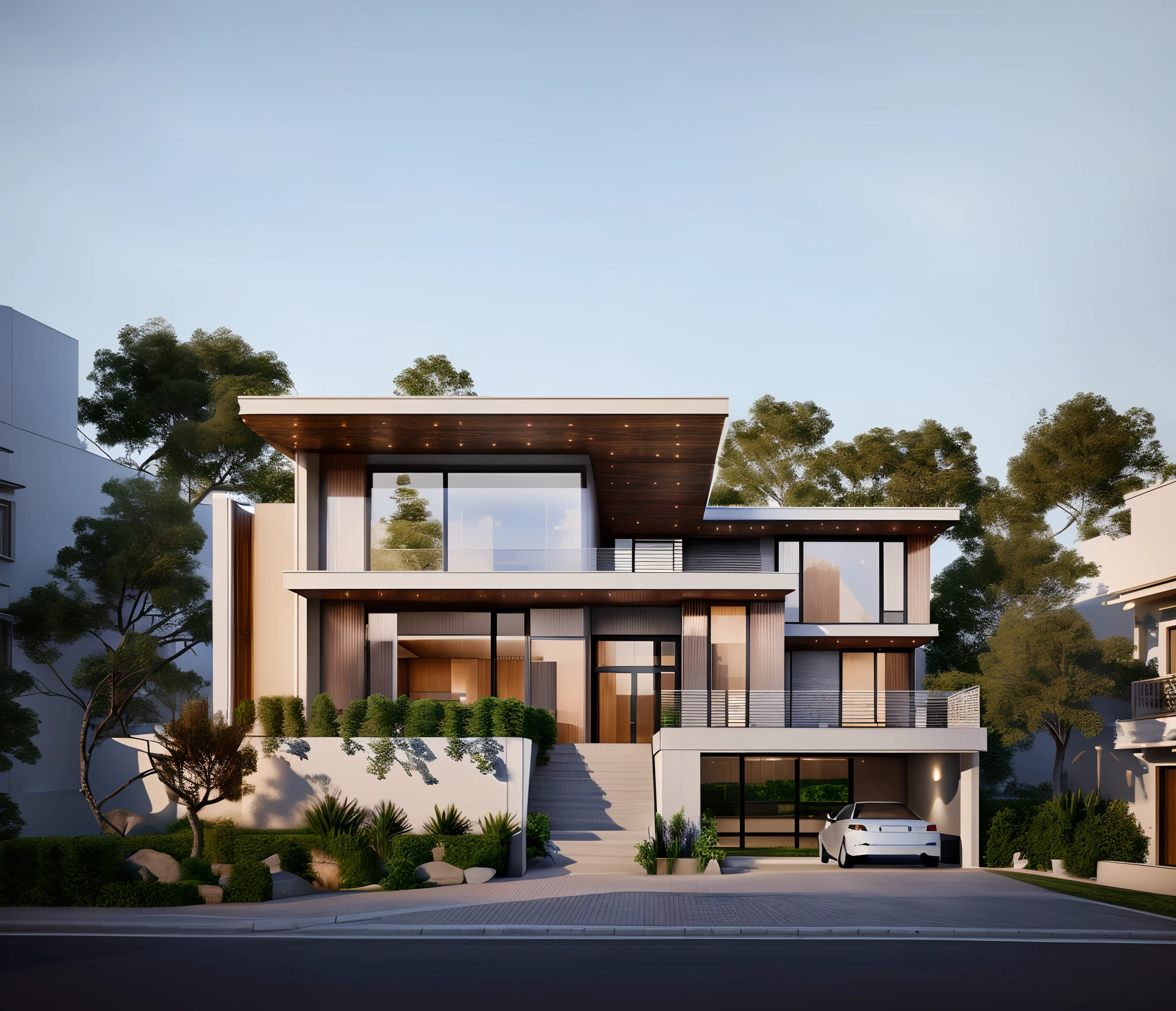 rendering of a modern residential townhouse, professional render, wide angle exterior 2023, highly detailed render, high quality rendering, realistic render, architectural render, high-quality render, detailed rendering, hyper-realistic render, hyper - realistic render, very realistic 3 d render, high render, realistic rendering, very realistic render