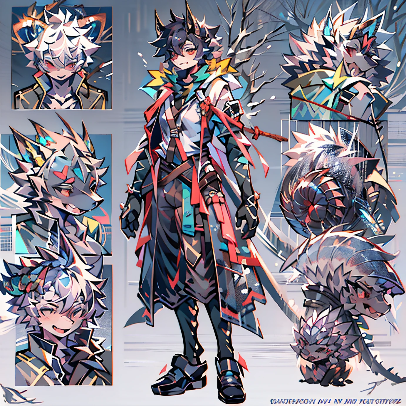 sea urchin，Sharp thorns，Detailed characters,shoun, fluffly, male people, full body adoptable,detailed full-body concept, character adoptable, clear outfit design，Atmospheric perspective, 8K, Super detail, ccurate, Best quality,Texture design,Machinary,Modern technology,Design clothes,Coveralls,Protective rope