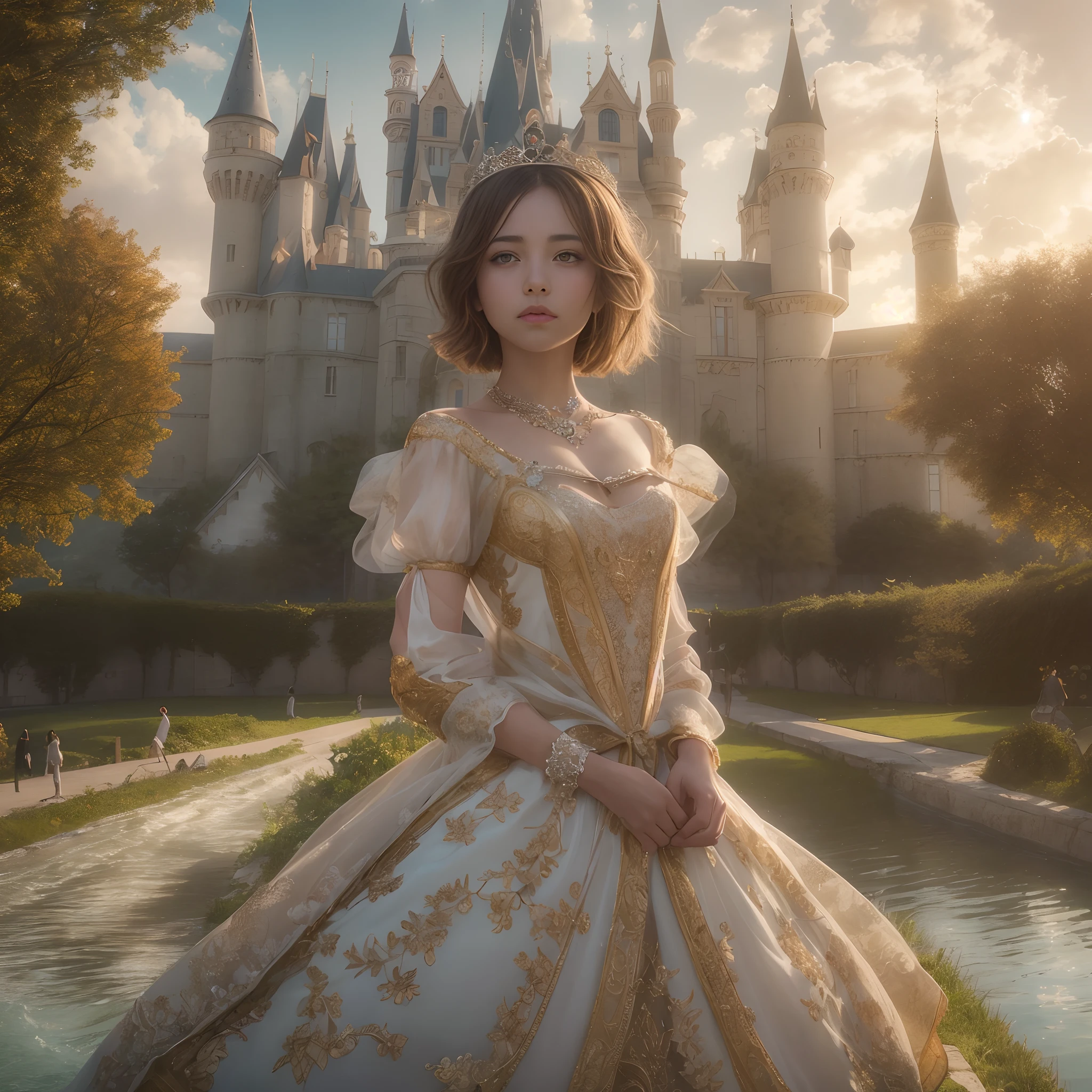 (((nffsw))), (((masutepiece))), (((8K))), (((hight resolution))), (((surrealism))), (((Cinematic lighting))), god rays, Zoom Layer, (((FULL BODYSHOT))), F/4.0, canon, Shiny skin,Detailed skin,Detailed face, Detailed eyes, girl, short bobbed hair, Young princess in French folktale, ornate dress、Old castles in France、Princess Room