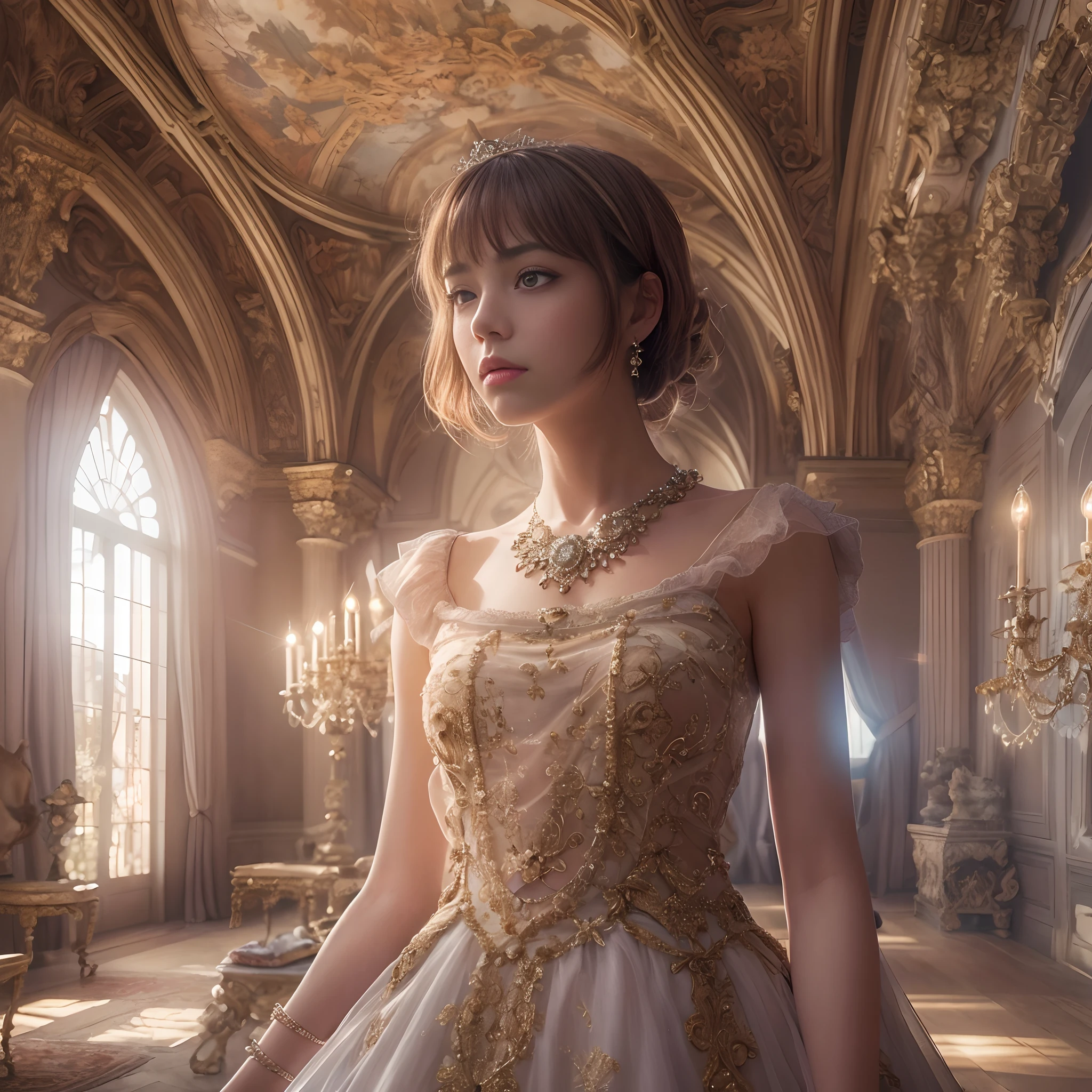 (((nffsw))), (((masutepiece))), (((8K))), (((hight resolution))), (((surrealism))), (((Cinematic lighting))), god rays, Zoom Layer, (((FULL BODYSHOT))), F/4.0, canon, Shiny skin,Detailed skin,Detailed face, Detailed eyes, 15yo girl, short bobbed hair, Young princess in French folktale, ornate dress、Old castles in France、Princess Room