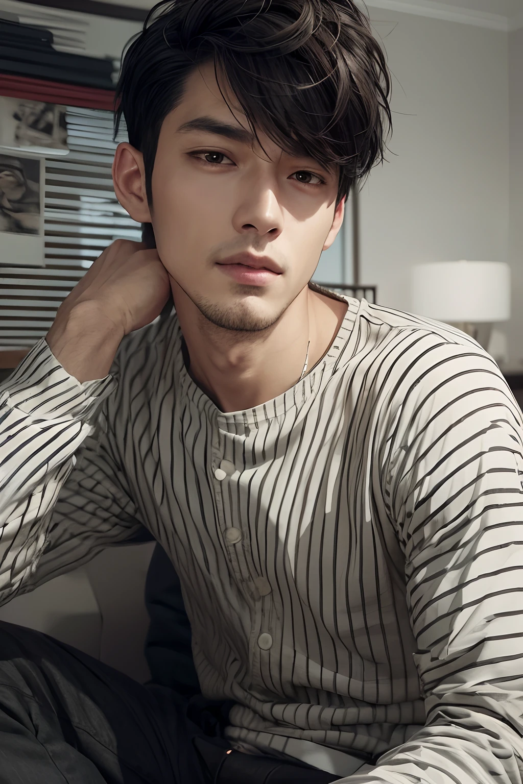 A man in a striped shirt sits on the bed, soft-lighting, artwork in the style of guweiz, High Quality Portrait, realistic anime style, digital illustration art, Tall guy, Men's style