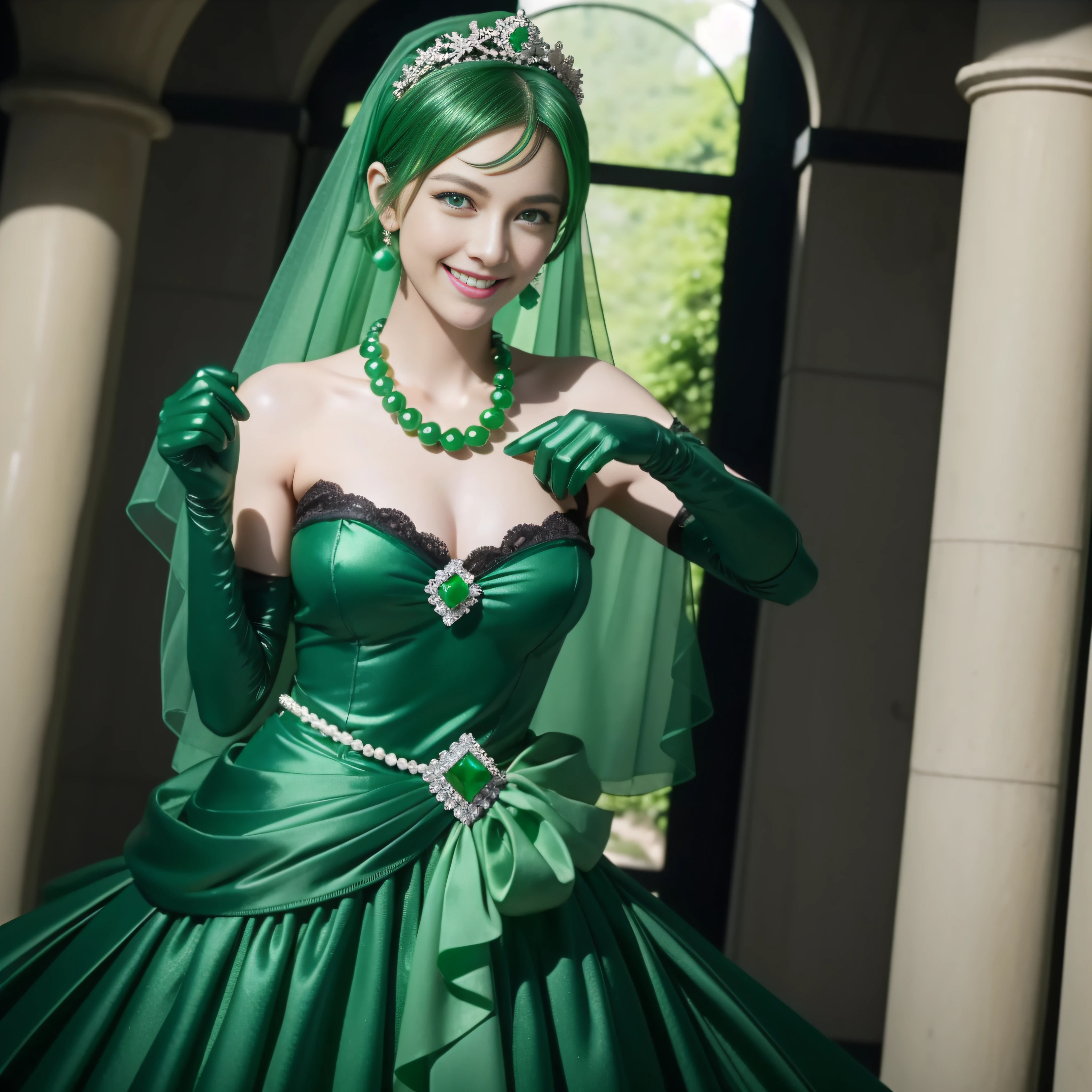 emerald tiara, Green Pearl Necklace, Boyish very short green hair, lipsticks, Japan woman smiling, very short short hair, big breasts beautiful, Green eyes, Long green gloves made of satin material, Green eyes, Emerald Earrings