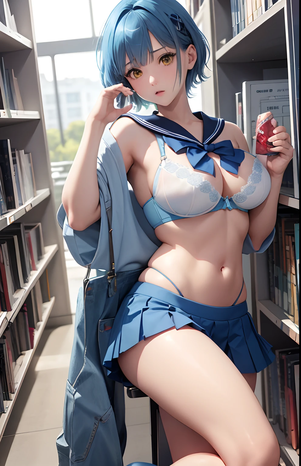 masterpiece, top-quality, 1girl in, lightblue hair, yellow eyes, short-cut、 Fluffy skirt、Raw feet、atlibrary、big breast beauty、I'm showing my pants、bra very、Sailor Mercury