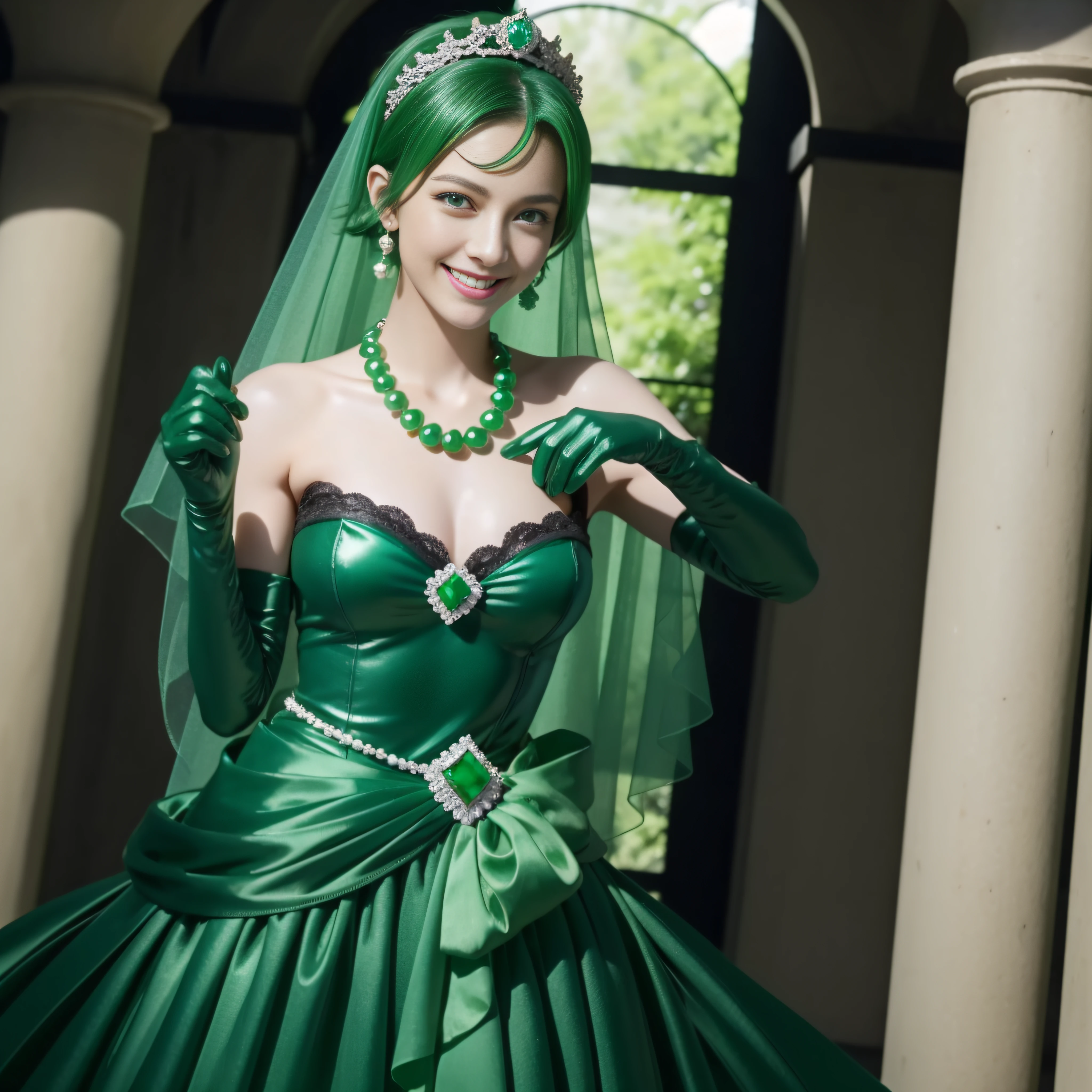 emerald tiara, Green Pearl Necklace, Boyish very short green hair, lipsticks, Japan woman smiling, very short short hair, big breasts beautiful, Green eyes, Long green gloves made of satin material, Green eyes, Emerald Earrings