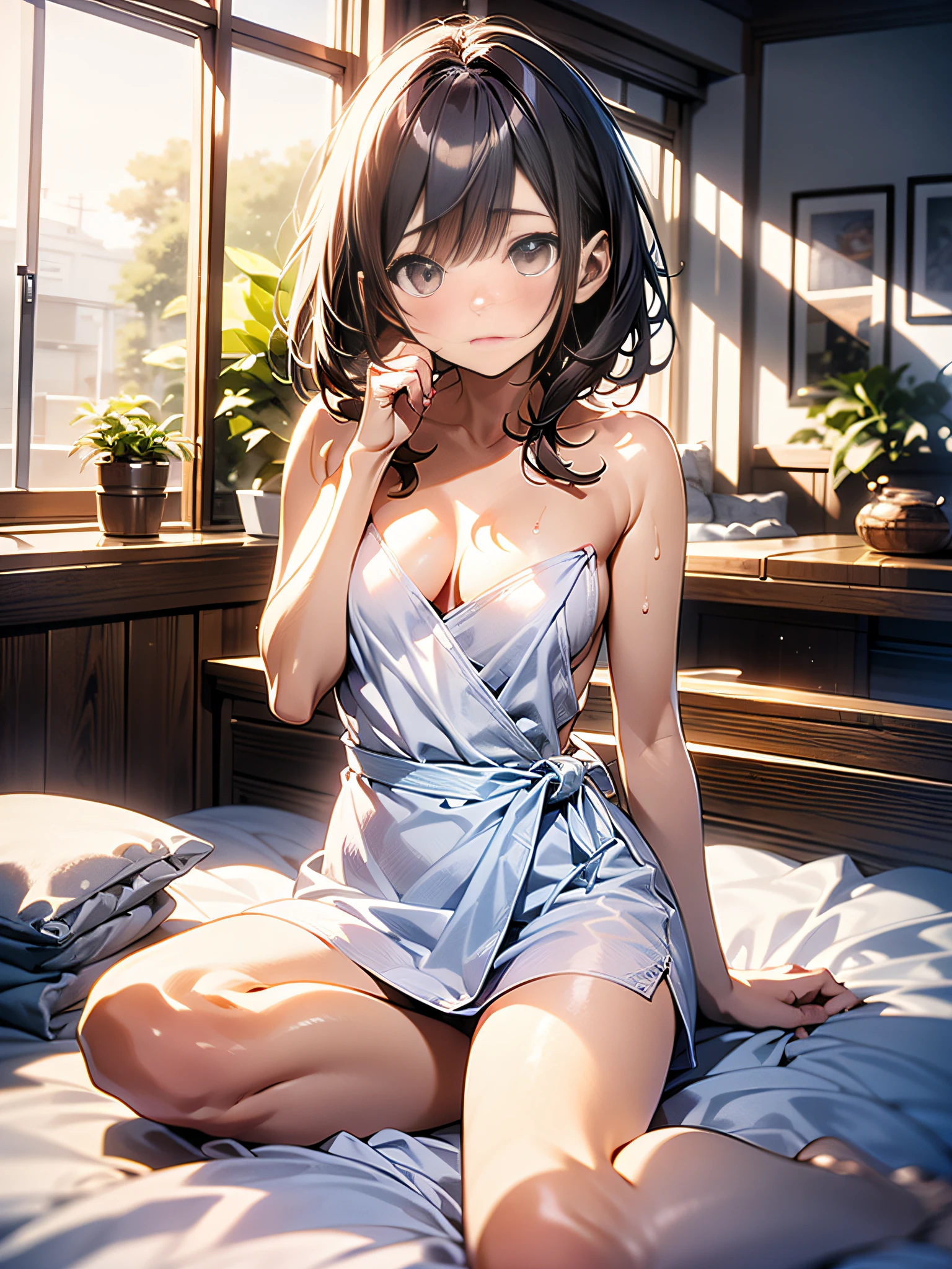 in 8K、top-quality、masterpiece、ultra-detailliert、Ultra-high resolution、Anime style、(1人の女性)、Morning light、On the futon、Sit up、Wrap a towel around your body、embarrassed from、Red face、post-facto、Rolled tissue、Used condoms