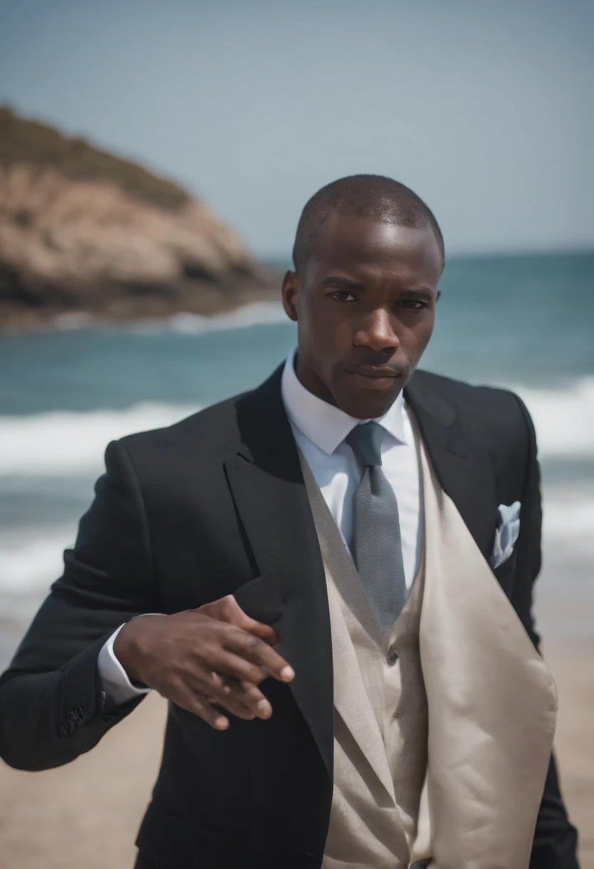 black man, black man with aafro, black man on beach, black man in suit,