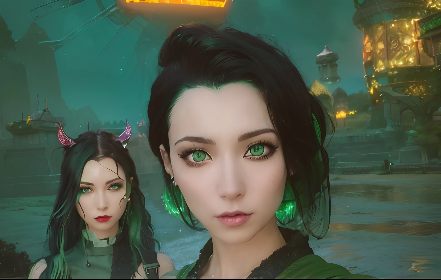 ((2woman)), ((black and green hair)), ((realistic)), ((fantasy)), ((extremaly)), ((detailed)), ((futuristic)), ((white skin)), ((green eye)), ((green cloth)),