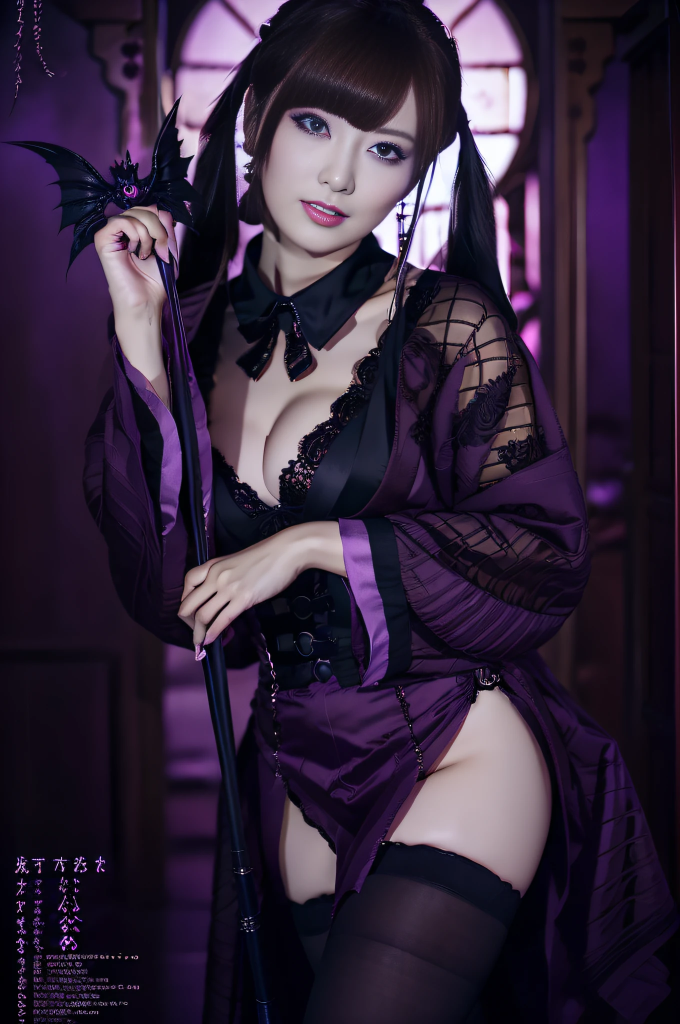 Charming Japanese style beauty、Brown hair、Evil Female Executive、Night city、Move ki、The Darkness、seductiv、brainwash、Retrofit equipment、Evil Fall、wicked、darkness、Purple Eyeshadow、black pantyhose、Evil Bride、Black pleated skirt、Dark