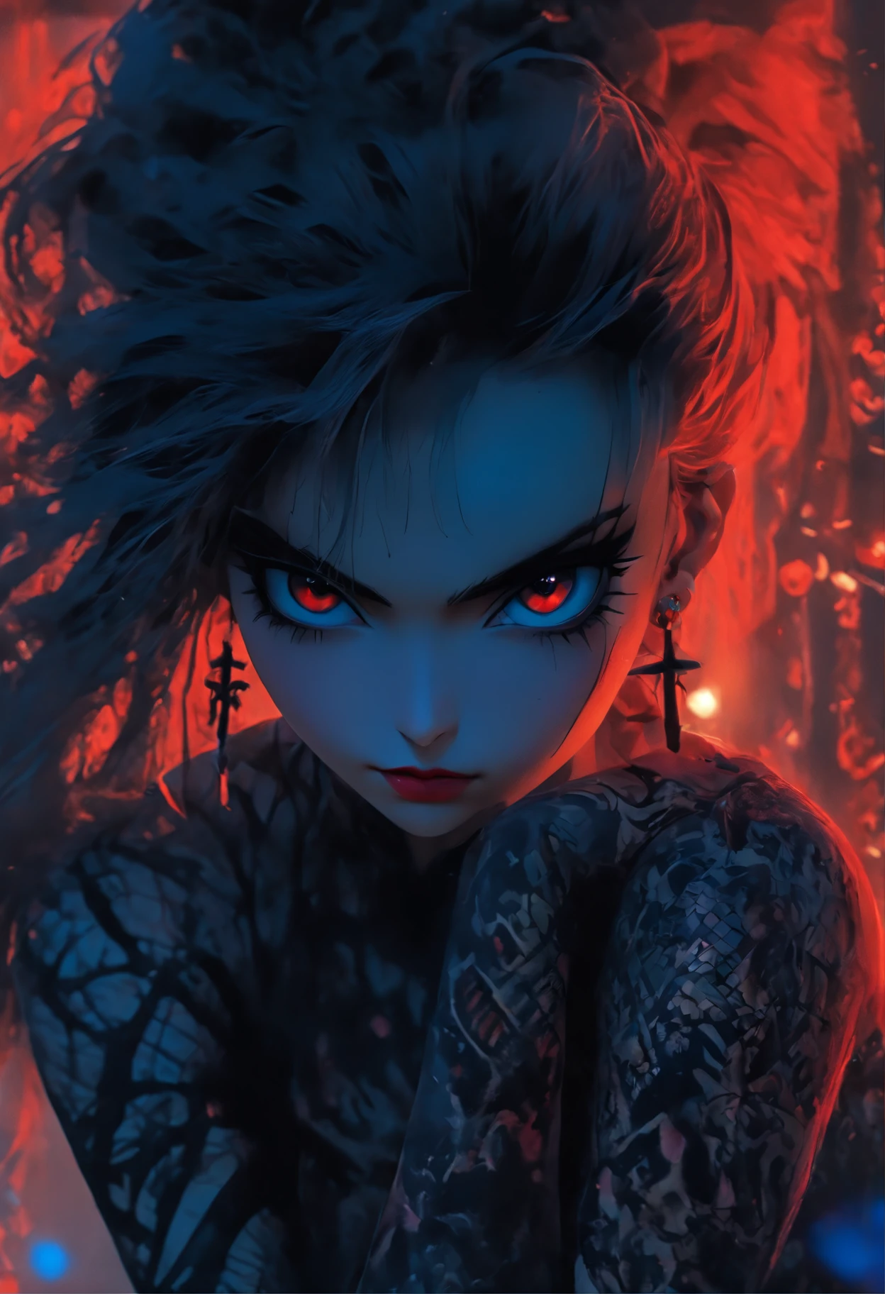 Masterpiece, Best quality, 1 girl, Solo, Natural skin texture, Realistic black eyes and facial details :5),(Dark :1. 4), Deep shadows, Extremely detailed beauty, Detailed eyes and face, sharp black eyes, Red lipstick, No black eyeliner, Detailed gothic costumes, pony tails, Black hair, nikon d850 film, Surreal, Authentic textures, Dramatic, lighting, illusory engine, (facial clarity :1). 5), (Transparent clothes :1); 1) Gothic style, Black lace, tattoo
