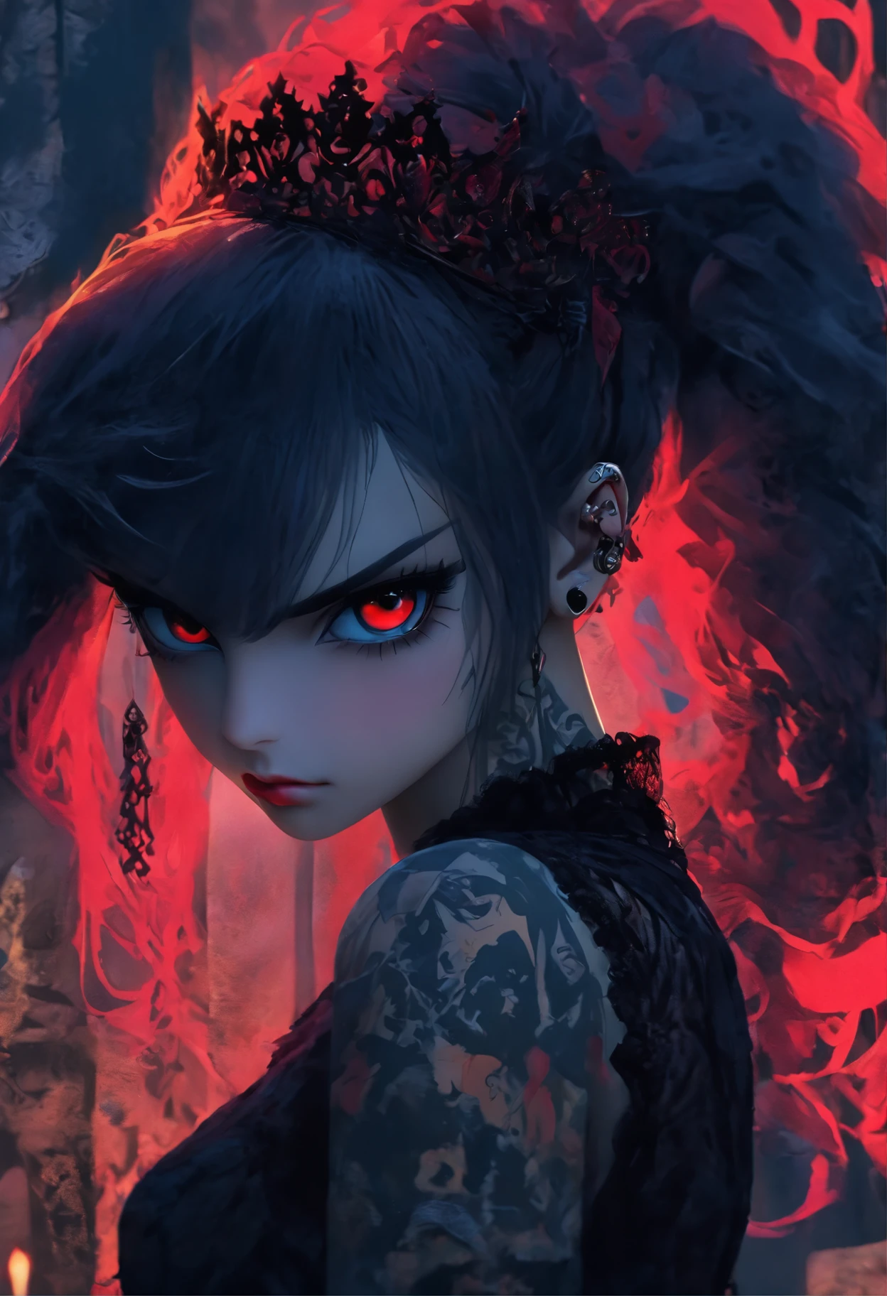 Masterpiece, Best quality, 1 girl, Solo, Natural skin texture, Realistic black eyes and facial details :5),(Dark :1. 4), Deep shadows, Extremely detailed beauty, Detailed eyes and face, sharp black eyes, Red lipstick, No black eyeliner, Detailed gothic costumes, pony tails, Black hair, nikon d850 film, Surreal, Authentic textures, Dramatic, lighting, illusory engine, (facial clarity :1). 5), (Transparent clothes :1); 1) Gothic style, Black lace, tattoo