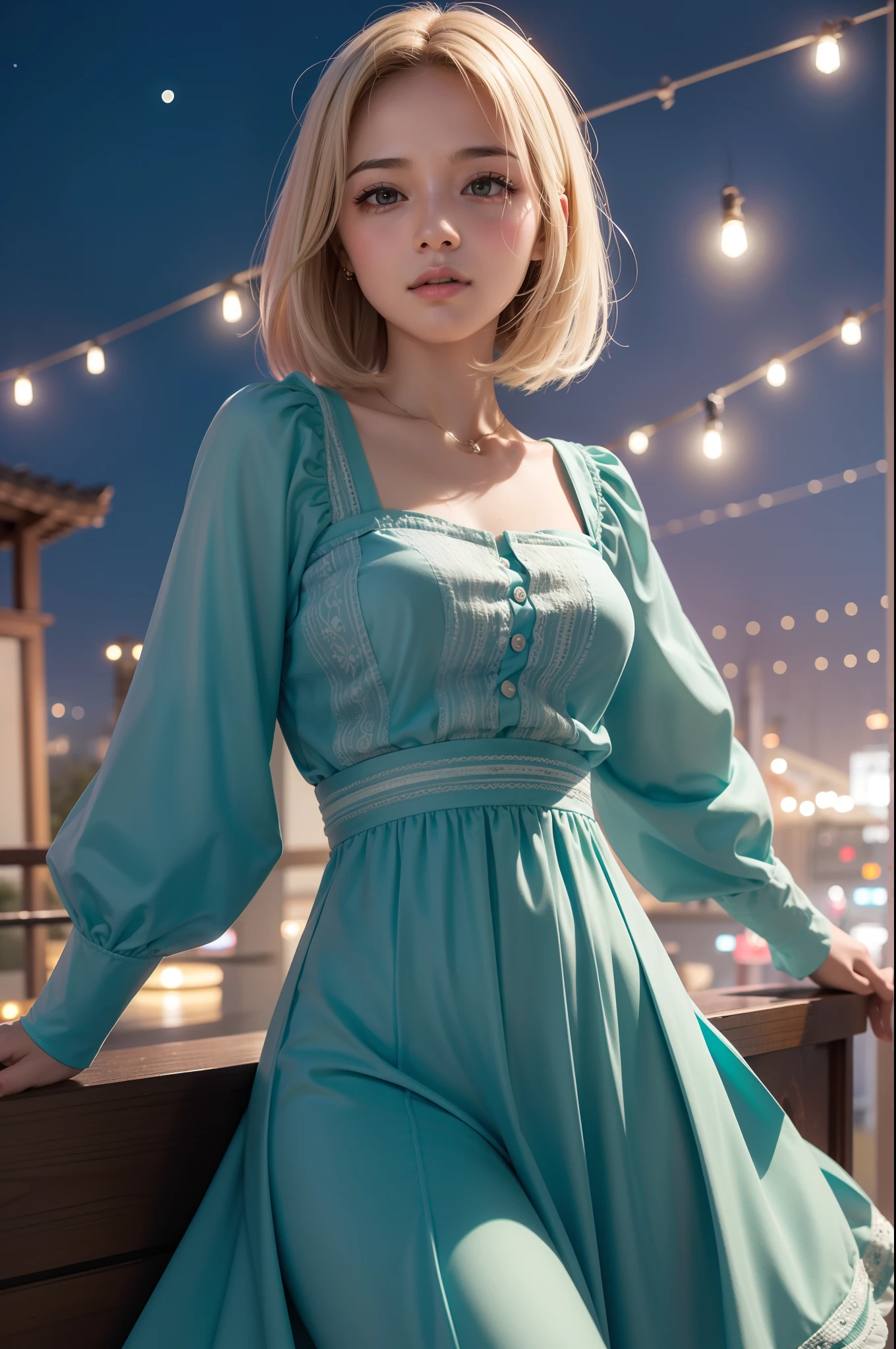 ((lifelike lighting, Melhor qualidade, 8K, Obra-prima: 1.3)), Foco: 1.2, 1girl, Figura perfeita: 1.4, Slim Abs: 1.1, ((Cabelo castanho)), (Vestido branco: 1.4), (Ao ar livre, Noite: 1.1), fogos de artificio, 二重まぶた,
