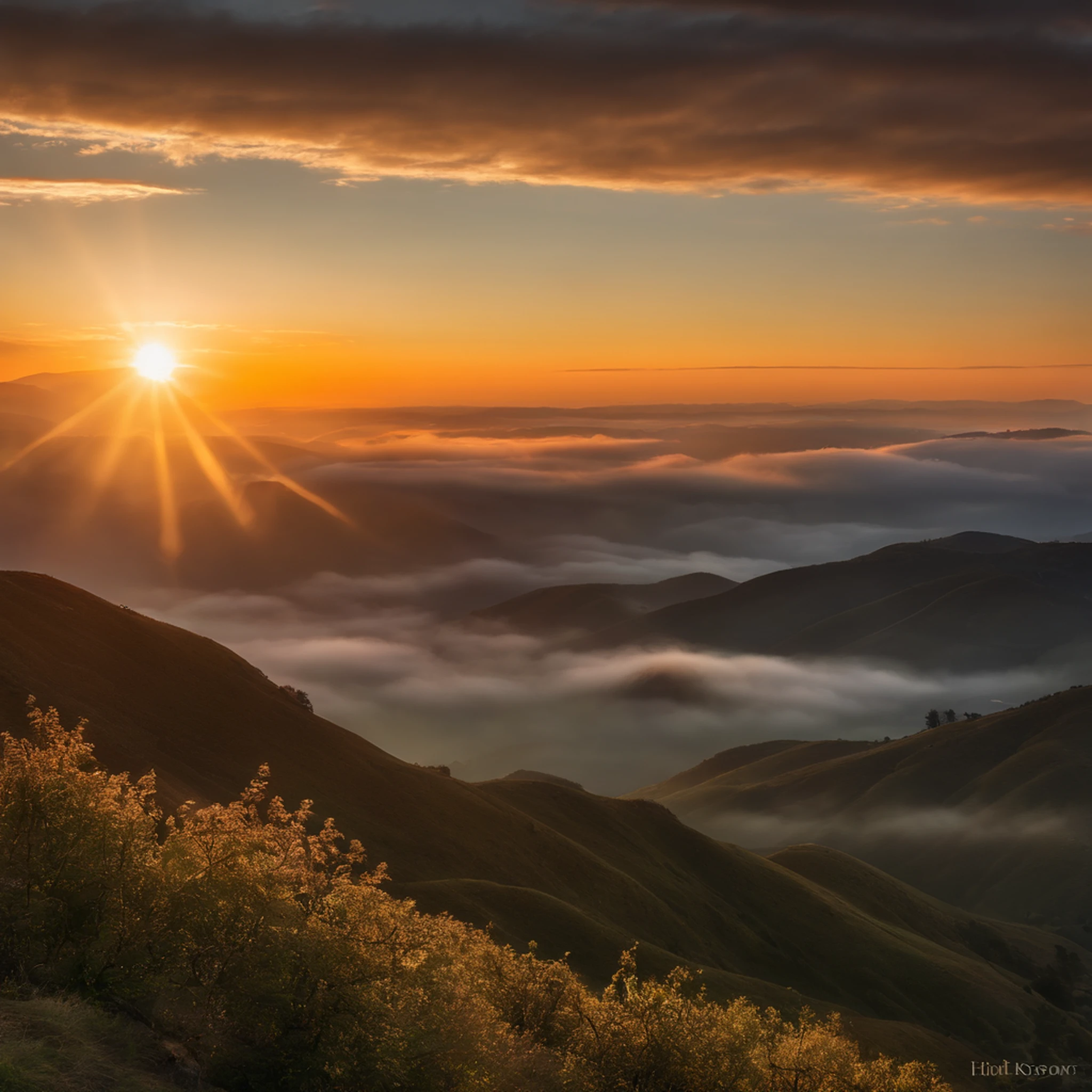 sunraise, suns, beam of light, hilltop, Cloud fog, UHD, retina, masterpiece, ccurate, super detail, high details, high quality, award winning, best quality, highres, 16k