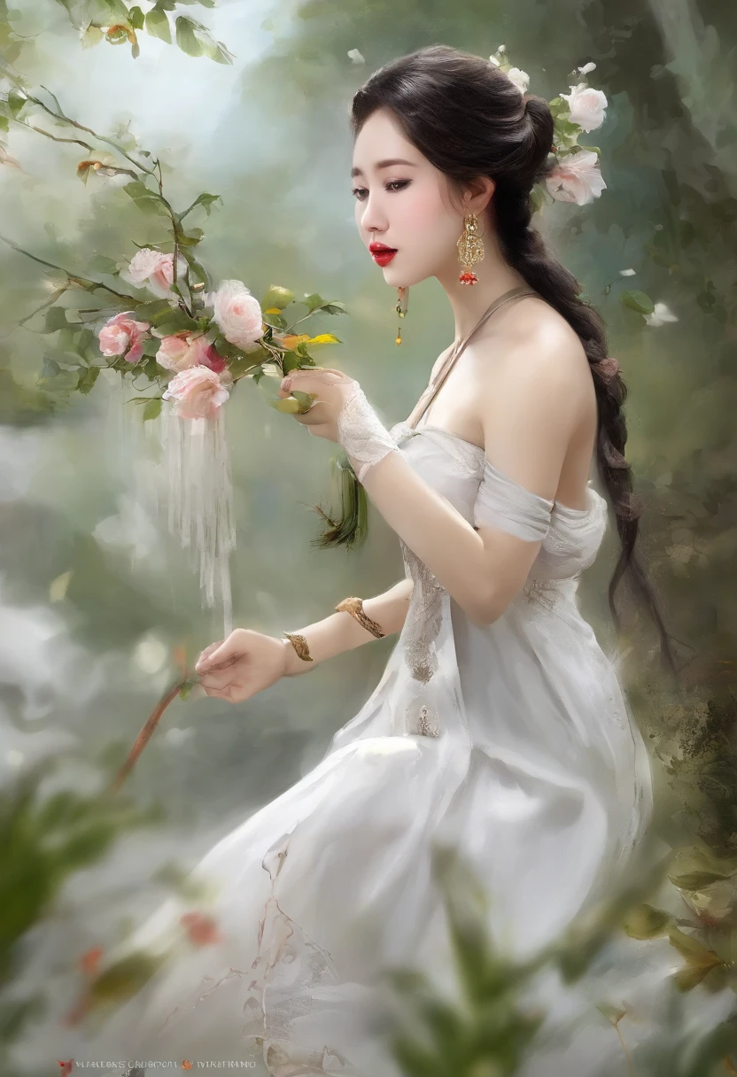 Chinese ink paint , water ink , ink , Spot , White and white , Chinese style ,A MILF, Big ass, Bigchest,Thick thighs, big breast, thongs , Thick clouds , Short hair and small braids , Denim braces , The barefoot , depth of fields , Light height , Real light , Lightning layout , Render overclocking , Ultra photo realsisim , Better quality , 8K , A master of masters , super-fine , Correct anatomy , Close to the clot in the eye , Bokeh , Facial features are carefully presented