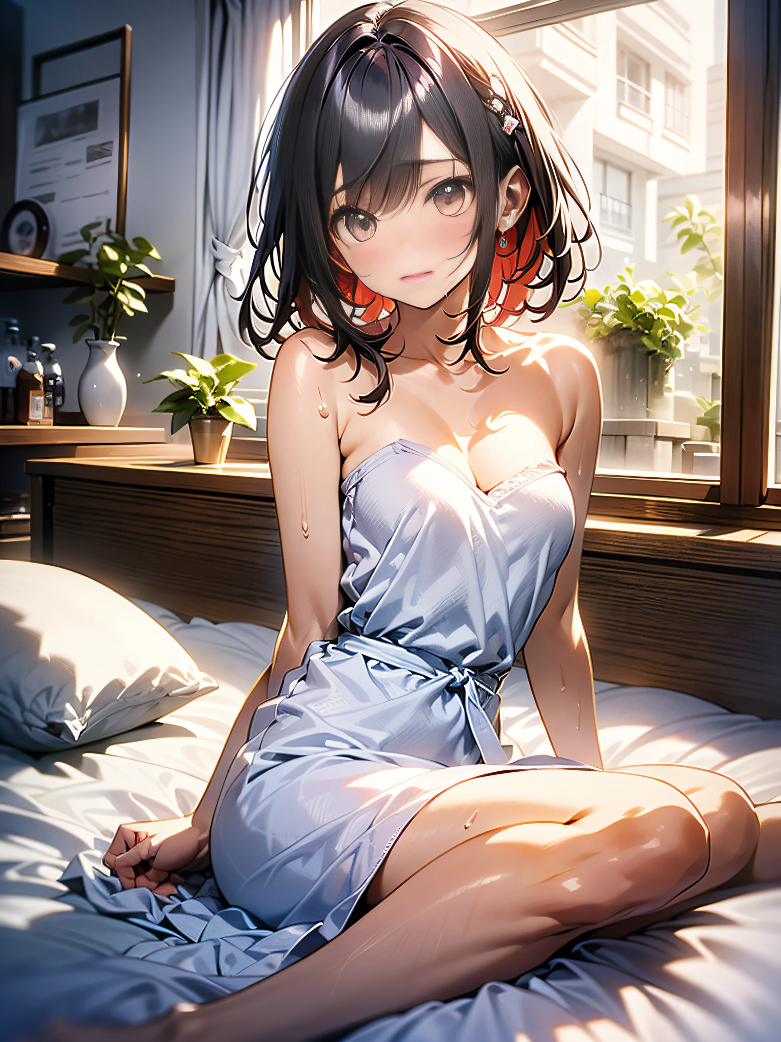 in 8K、top-quality、​masterpiece、ultra-detailliert、Ultra-high resolution、Anime style、(1人の女性)、Morning light、On the futon、Sit up、Wrap a bath towel around your body、embarrassed from、Red face