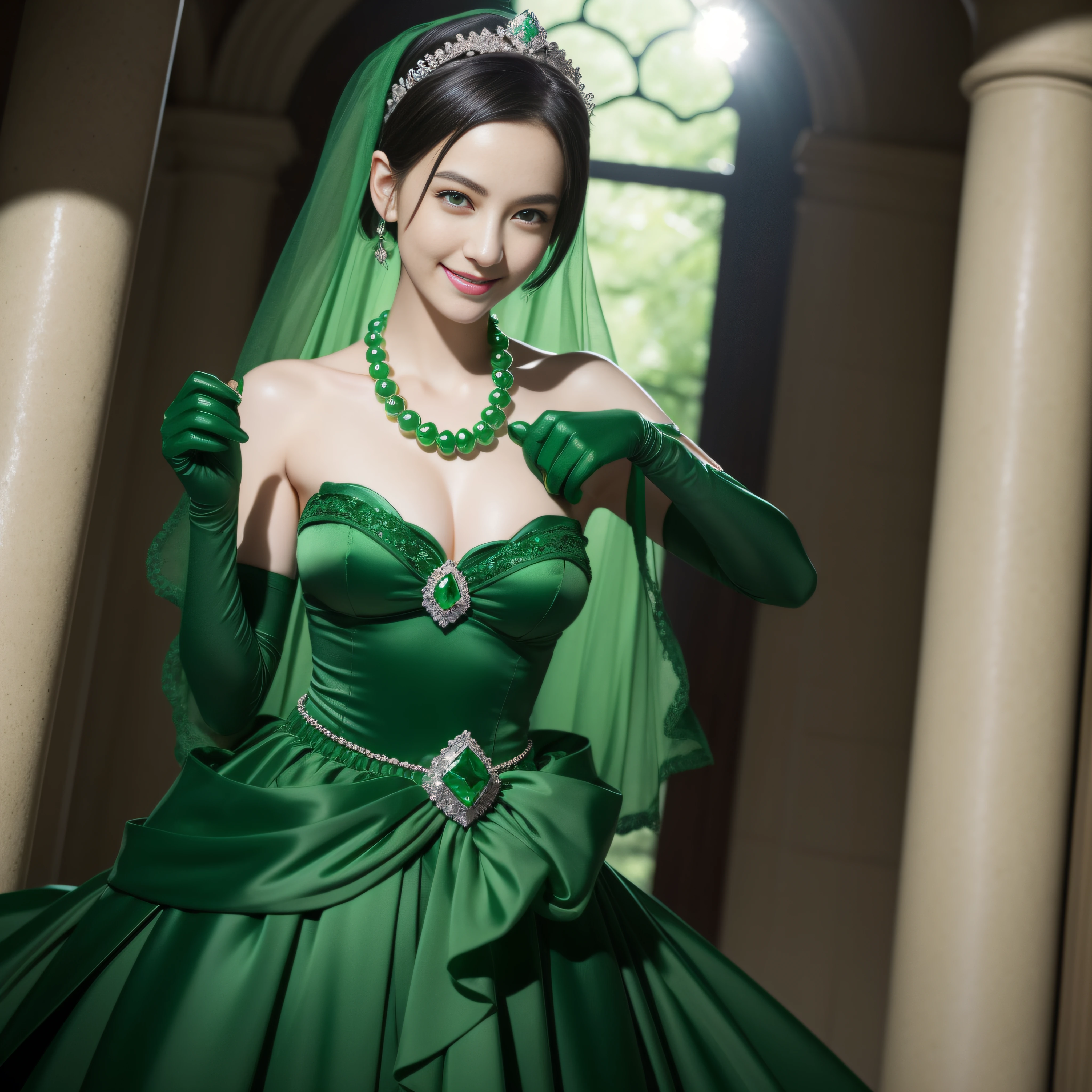 emerald tiara, Green Pearl Necklace, Boyish very short black hair, lipsticks, Japan woman smiling, very very short green hair, big breasts beautiful, Green eyes, Long green gloves made of satin material, Green eyes